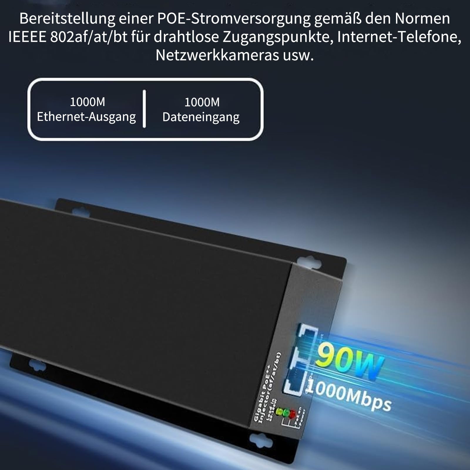 Injecteur PoE Gigabit 90 W, 802.3af/at/bt PoE+ + adaptateur standard, Plug & Play, extension de signal de 100 mètres pour la sécurité/les applications audio commerciales/IoT/Smart Home