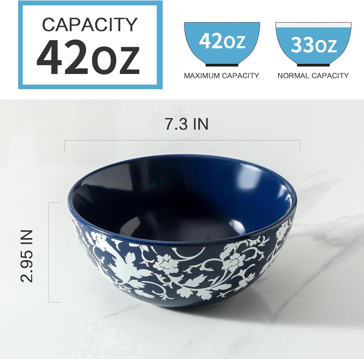 Large Serving Bowls, Ceramic Soup bowls Set of 2, Japanese Style Cereal Bowls, 42 oz Blue and White bowls Serving Dishes for Rice, Salad, Snack, Pho, Pasta, Fruit, Microwave Dishwasher Safe, 7 inch