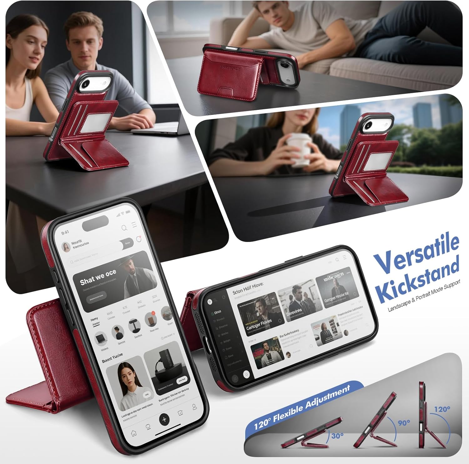 Antsturdy Compatible with MagSafe 2 in 1 Detachable Magnetic iPhone 17 Air Case Wallet Holder,PU Leather RFID Blocking Credit Card Slots Flip Protective Cover Kickstand for Men Women,Wine Red