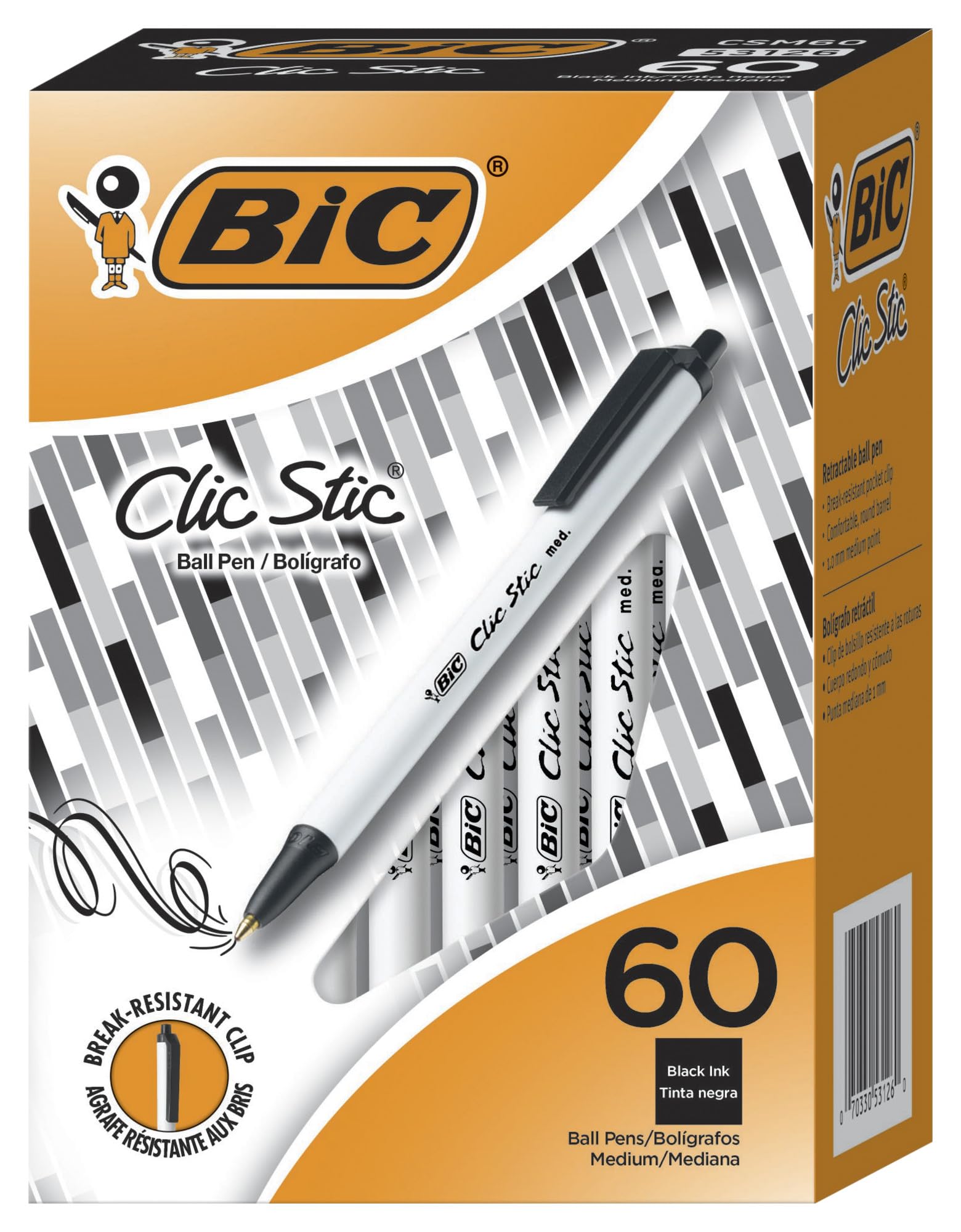 BIC Clic Stick 1.0mm Retractable Ball Pen - Medium Pen Point - 1 mm Pen Point Size - Black - 60 / Box