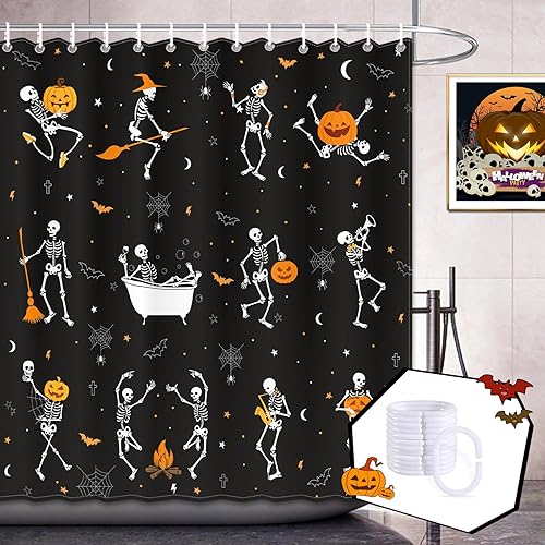 Miniatura 7 de Cortina de ducha de calavera de Halloween para baño, 72 x 72 pulgadas, divertida danza de esqueleto gótico en blanco y negro, cortinas de ducha de