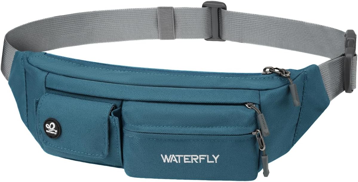 WATERFLY Small Crossbody Fanny Pack: 5 Pocket Slim Lightweight Waist Belt Hip Bag for Women Men Water Resistant Chest Pouch for Travel Hiking Running Walking Fit All Phones - Peacock Blue