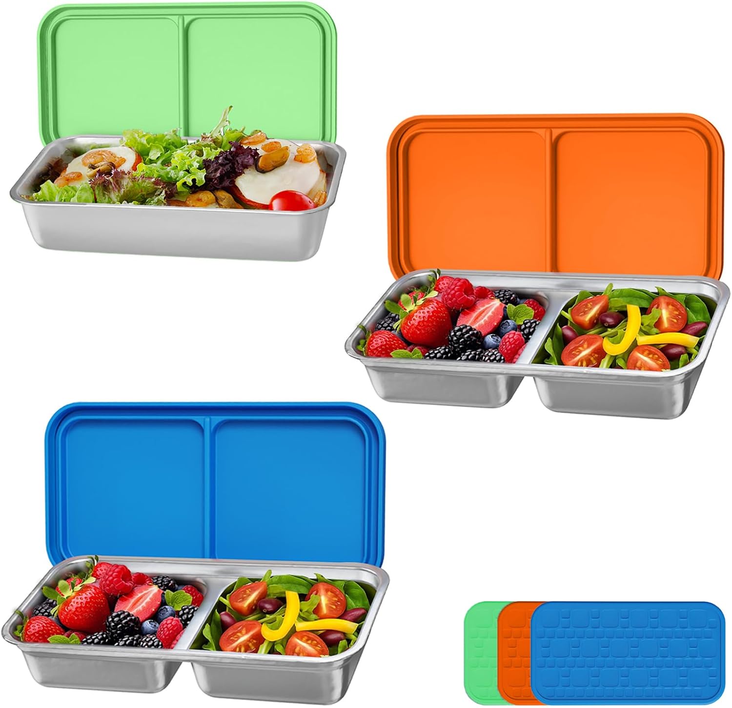 3 Pack Stainless Steel Snack Containers with Silicone Lids, Snack Containers for Kids, 2×15.22oz+1×18.6oz Reusable Metal Container, Oven & Dishwasher Safe for Toddler Daycare School Travel