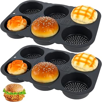 2Pcs Silicone Hamburger Bun Mold 6-Cavity Egg Muffin Baking Pan Non-Stick Silicone Bread Pan Multifunctional Reusable Hamburger Bread Mold for Hamburger Chocolate Cake Pie Custard Tartgrey