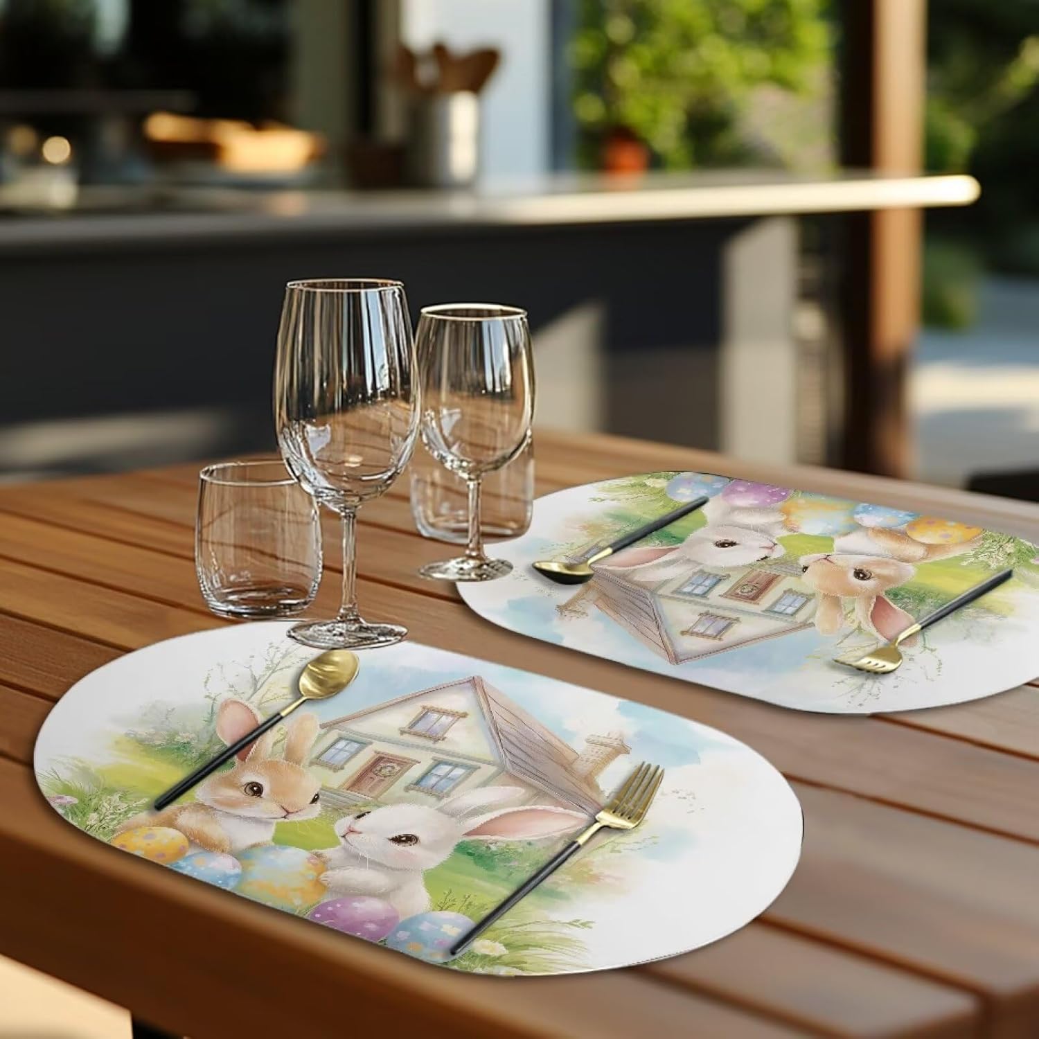 Easter Bunny Placemats Waterproof Oval Placemats for Dining Table Heat Resistant Table Mats Set of 4 Washable Place Mats Non-Slip Table Mats for Patio Table Wedding Decor