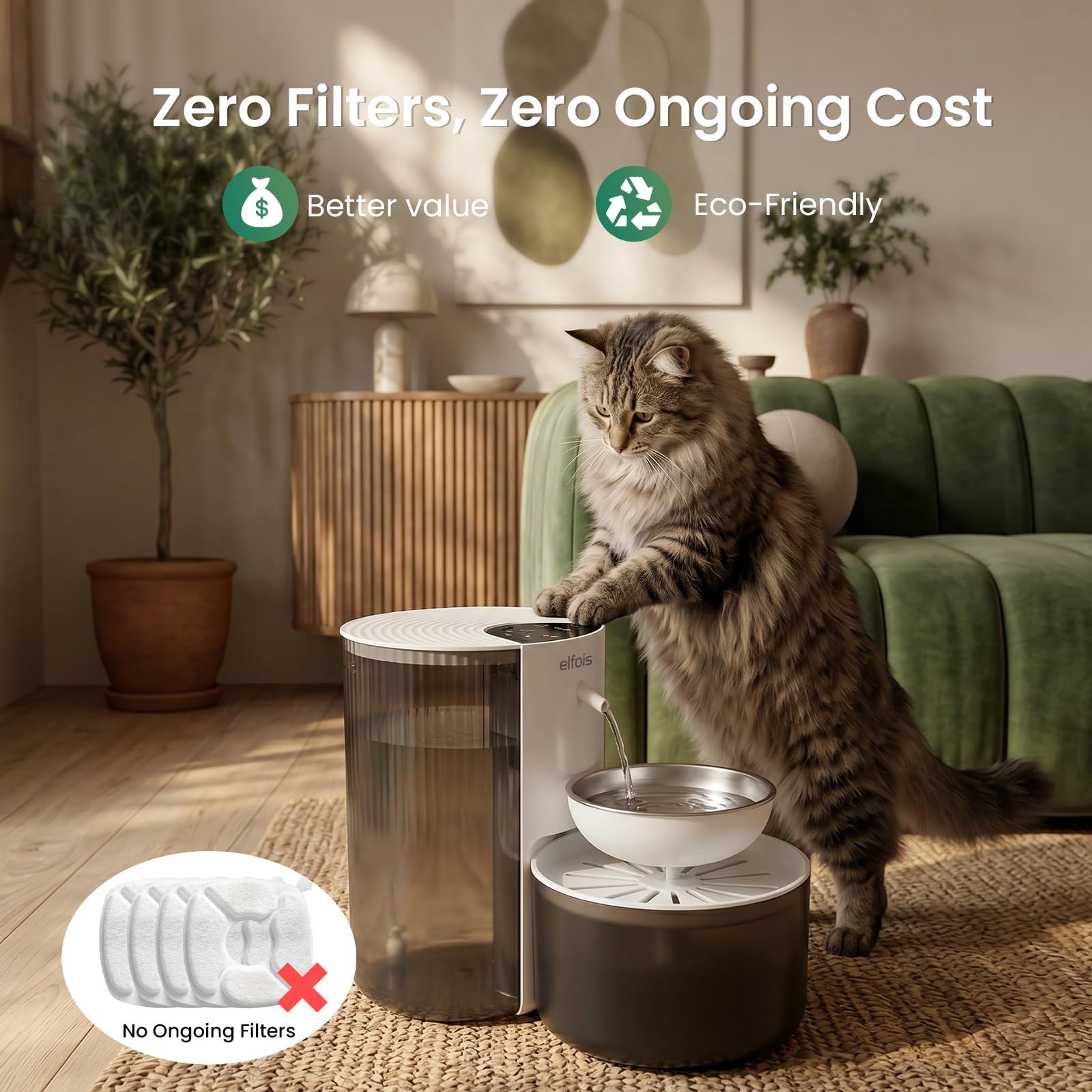Fuente de agua para gatos sin filtro, dispensador de agua recargable inalámbrico para mascotas con gran capacidad de 3 litros, tanques de agua limpios y sucios, cuenco de acero inoxidable para