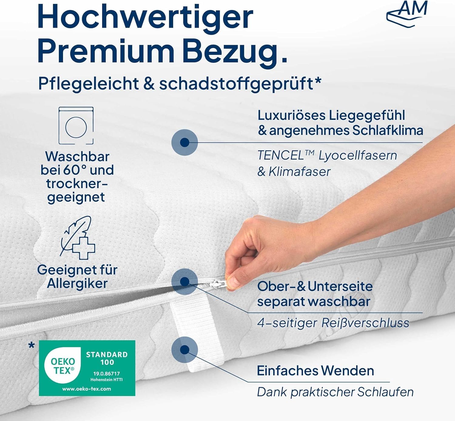 AM Qualitätsmatratzen 7-Zonen Taschenfederkernmatratze 90x200cm H3 - Made in Germany - Ergonomische Matratze 90x200 H3 mit waschbarem Bezug - Oeko TEX - Federkernmatratze H3 90x200 21cm hoch