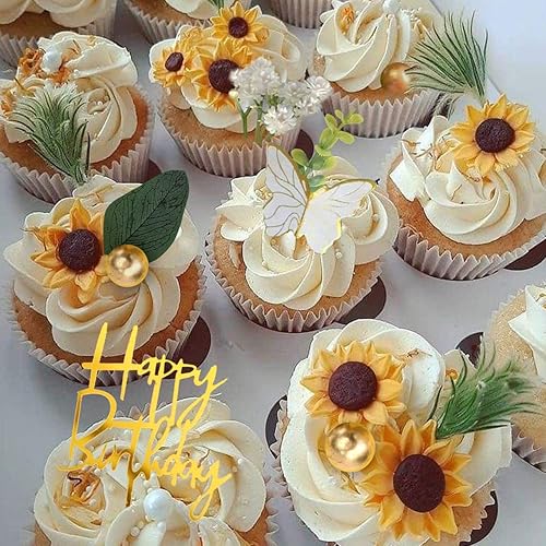 Miniatura 4 de UFROMSKY 34 decoraciones bohemias de girasol para tartas de mariposa, decoraciones de pastel de feliz cumpleaños con bolas de hojas de palma doradas