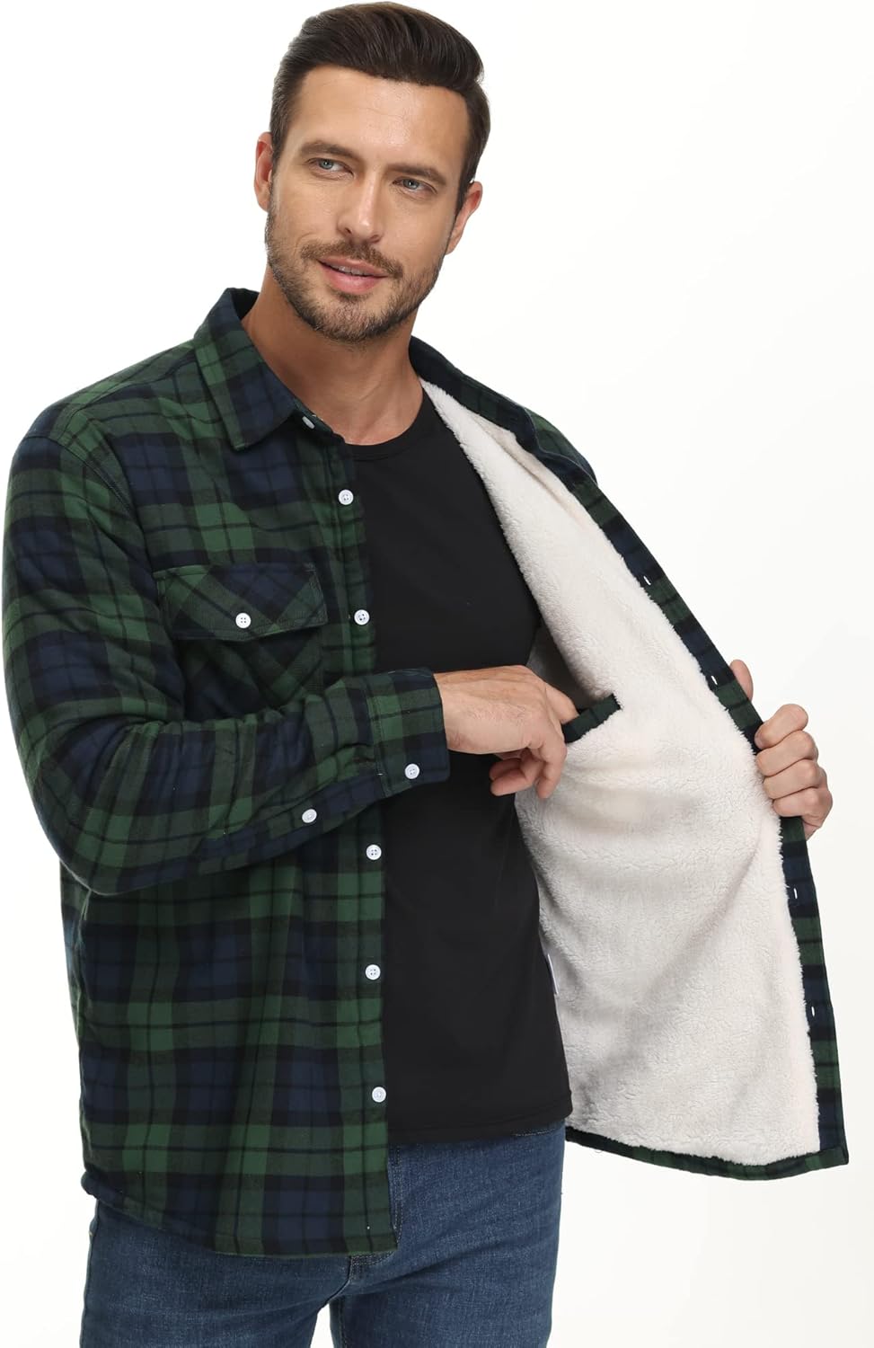 TACVASEN Men's Fleece Flannel Plaid Shirt Jacket Soft Sherpa Lined Cotton Casual Thickened Button Down Coat With Pockets