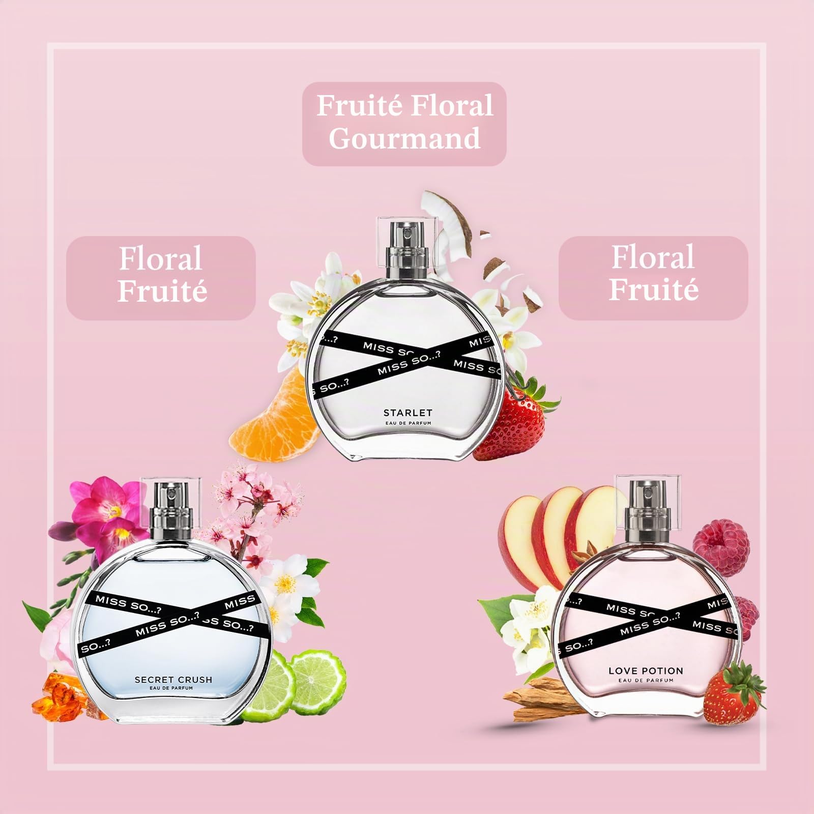 Coffret-cadeau de parfum pour femme Miss SO... Coffret de parfums féminins haut gamme, Starlet, Love Potion, Sugar Rush Eau De Parfum, parfums voyage pour filles (3 x 30ml)