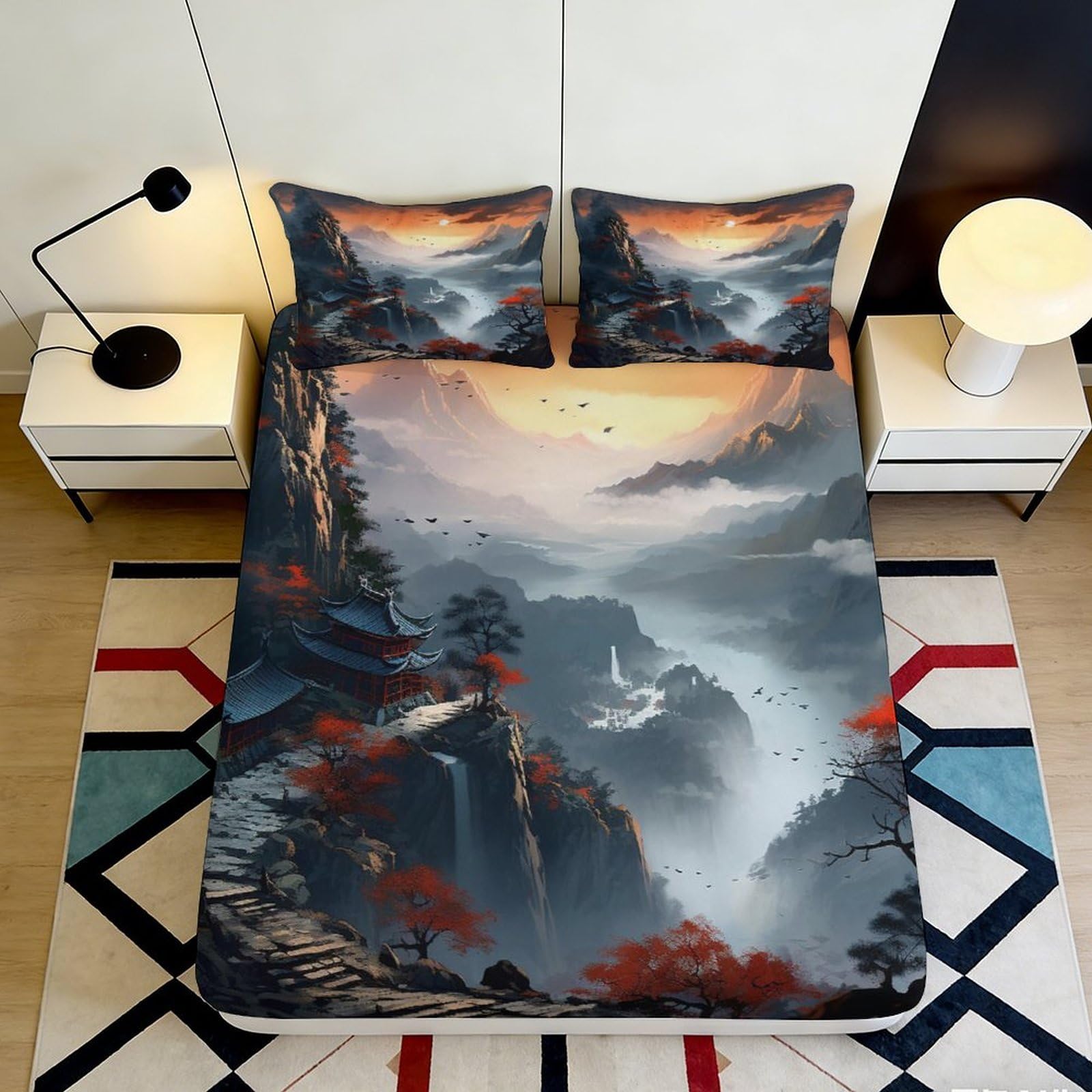 3D Printed Mountain Sunrise Fitted Sheet Microfiber Soft Waterfall Bed Cover for Bedroom Guest Room Decor 90x200x25cm