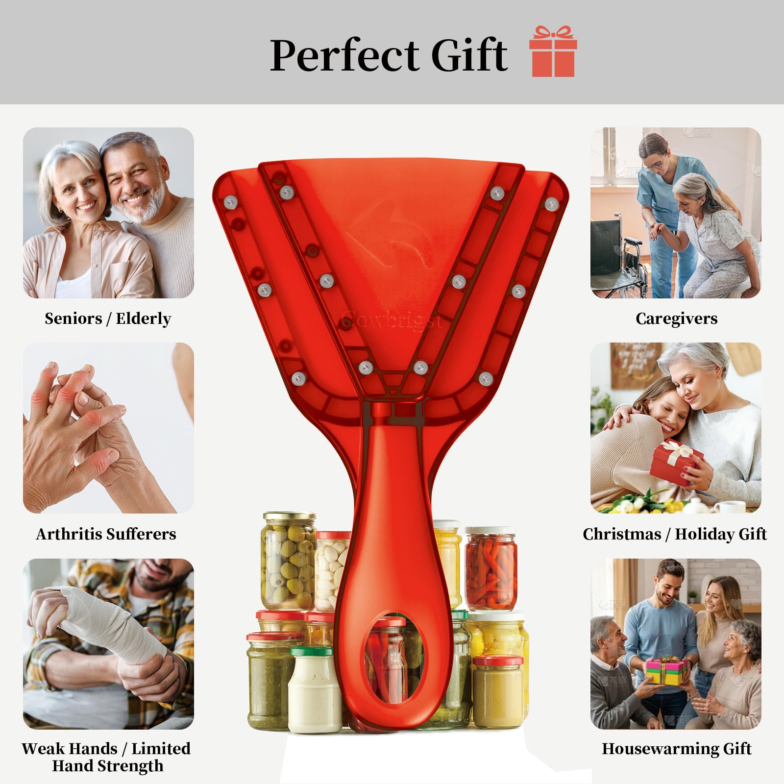 Apribarattoli per mani deboli e anziani con artrite, coperchio e apribottiglie facili da svitare, manico ergonomico con denti in acciaio inossidabile, pratico regalo da cucina per anziani, donne e