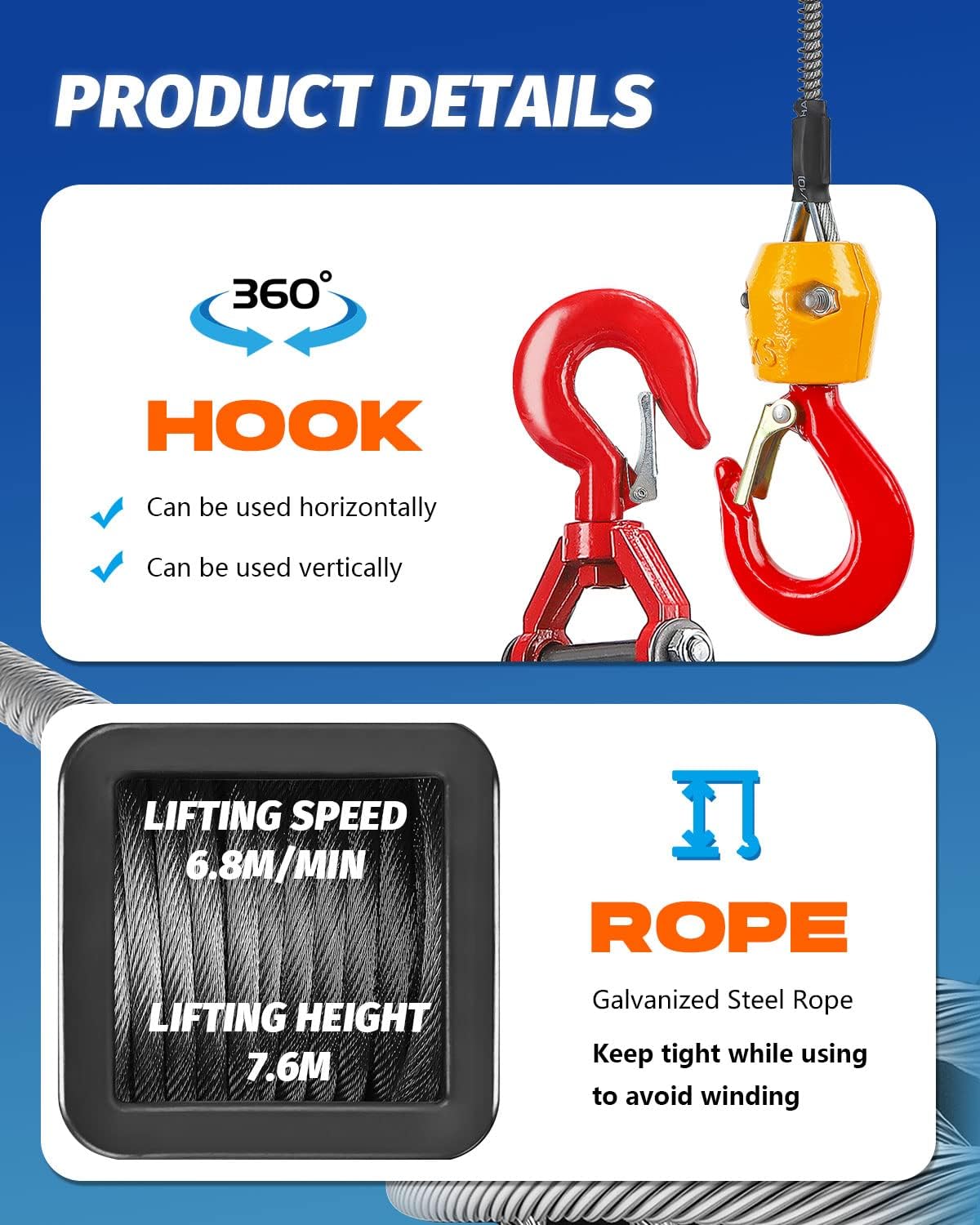 Close-up of the 360-degree rotating hook and details of the galvanized steel rope.