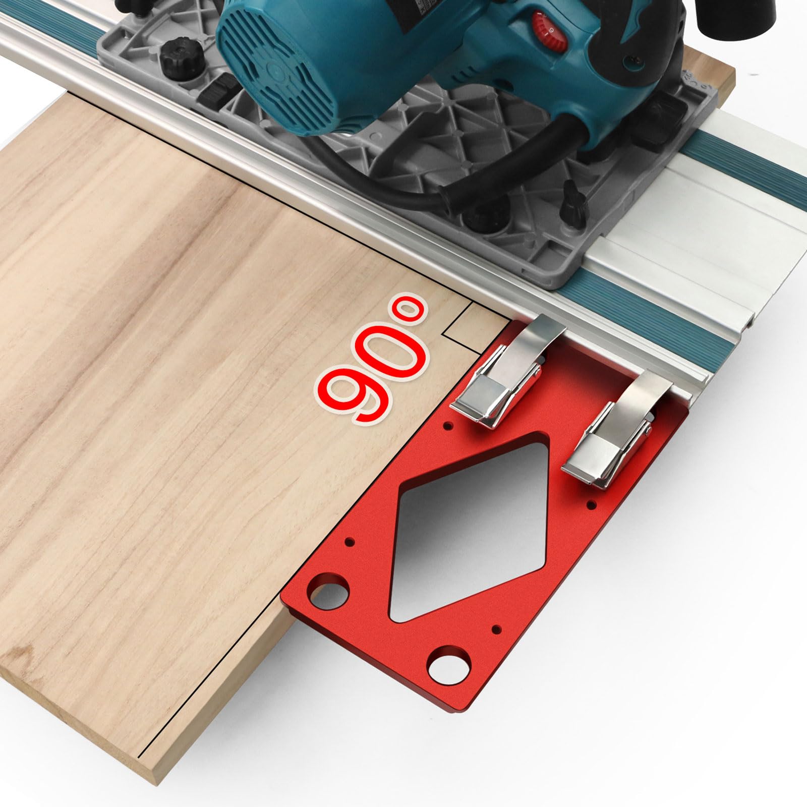 Butée d'angle pour rail de guidage, rail de guidage à angle droit à 90° usiné CNC 300 mm, compatible avec Festool et Makita, butée avec guide de bord pour scies circulaires (rouge)