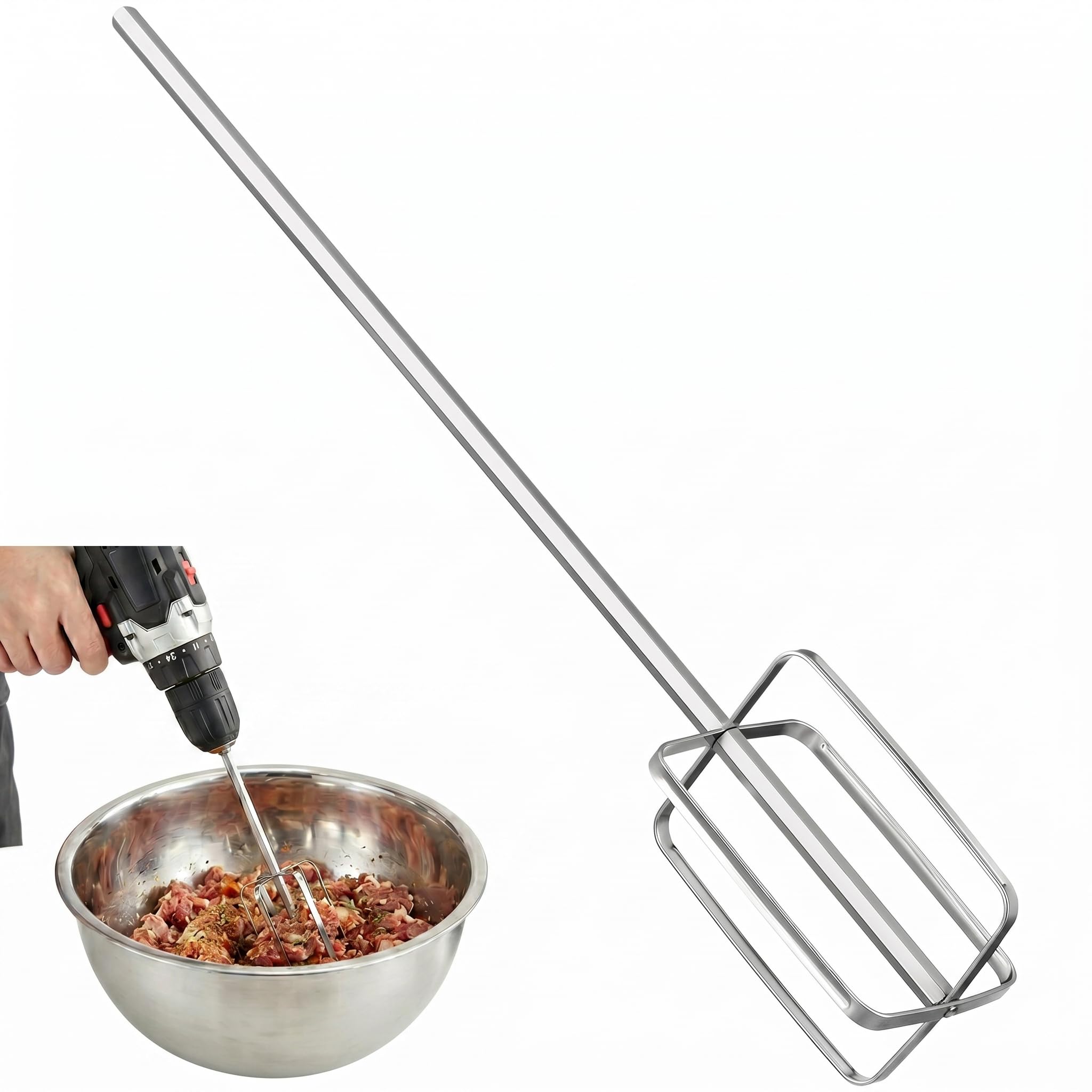 DOITOOL Frusta da cucina in acciaio inox, per trapano e carne, per mescolare carne, salse e paste, robusto agitatore a mano con manico ergonomico