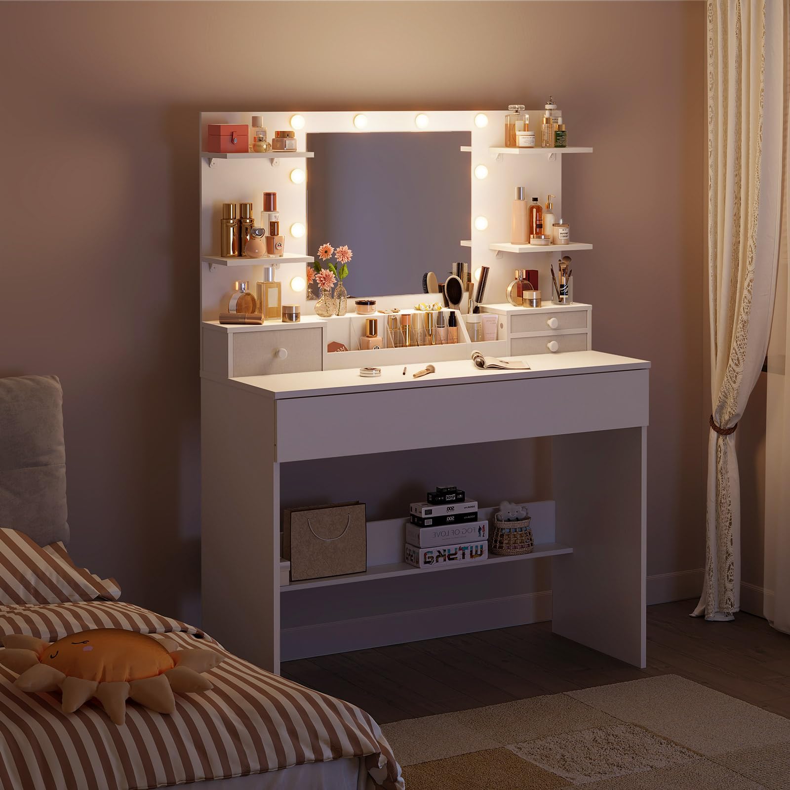 Coleshome Tocador de Maquillaje con Espejo LED y 10 Luces, Mesa de Maquillaje, Tocador Blanco con Cajones, Organizador y Estantes, Moderno para Dormitorio, 100x40x136cm