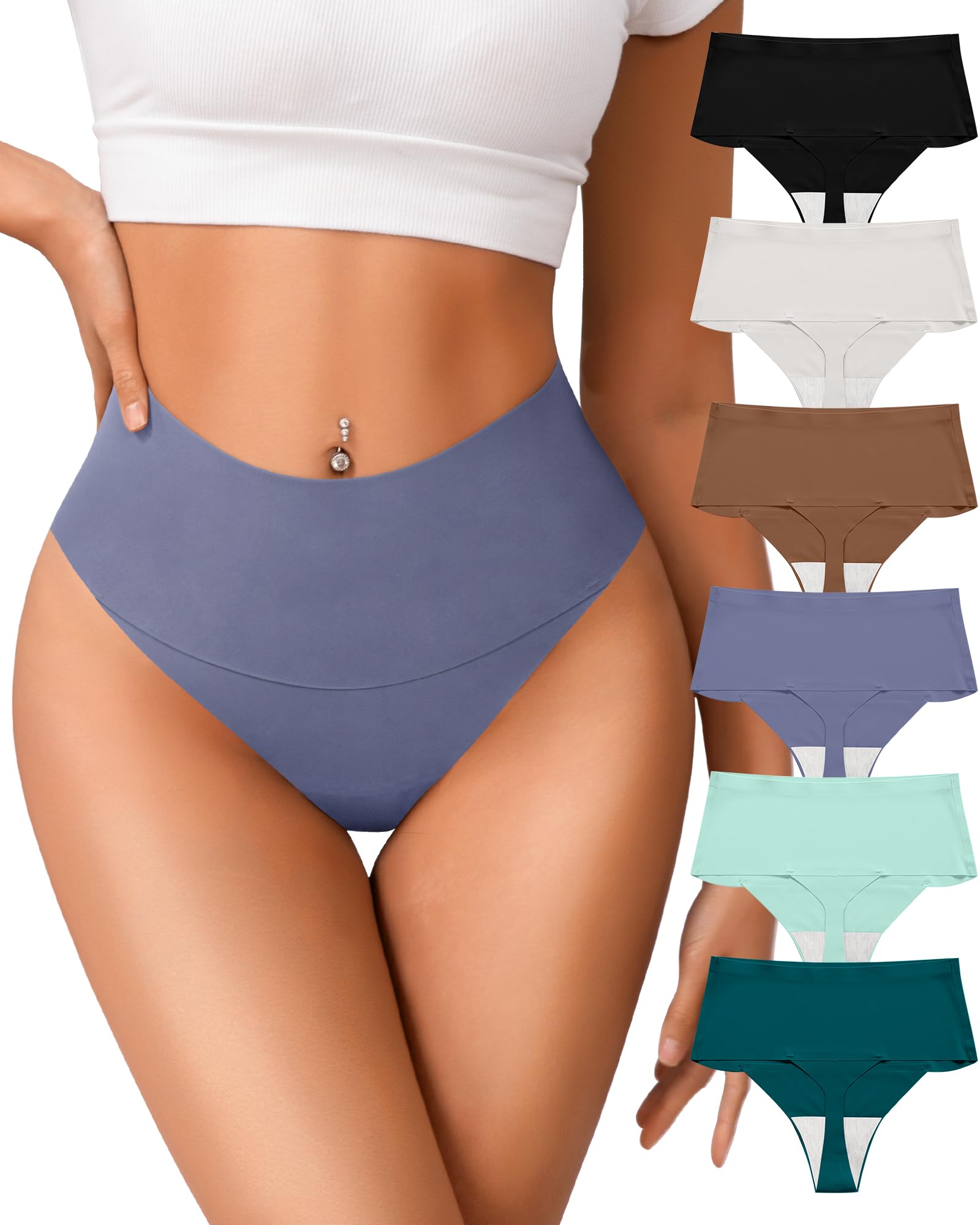 Lot de 6 strings taille haute pour femme sans couture - Culotte invisible - Doux sans étiquette - Coupe haute