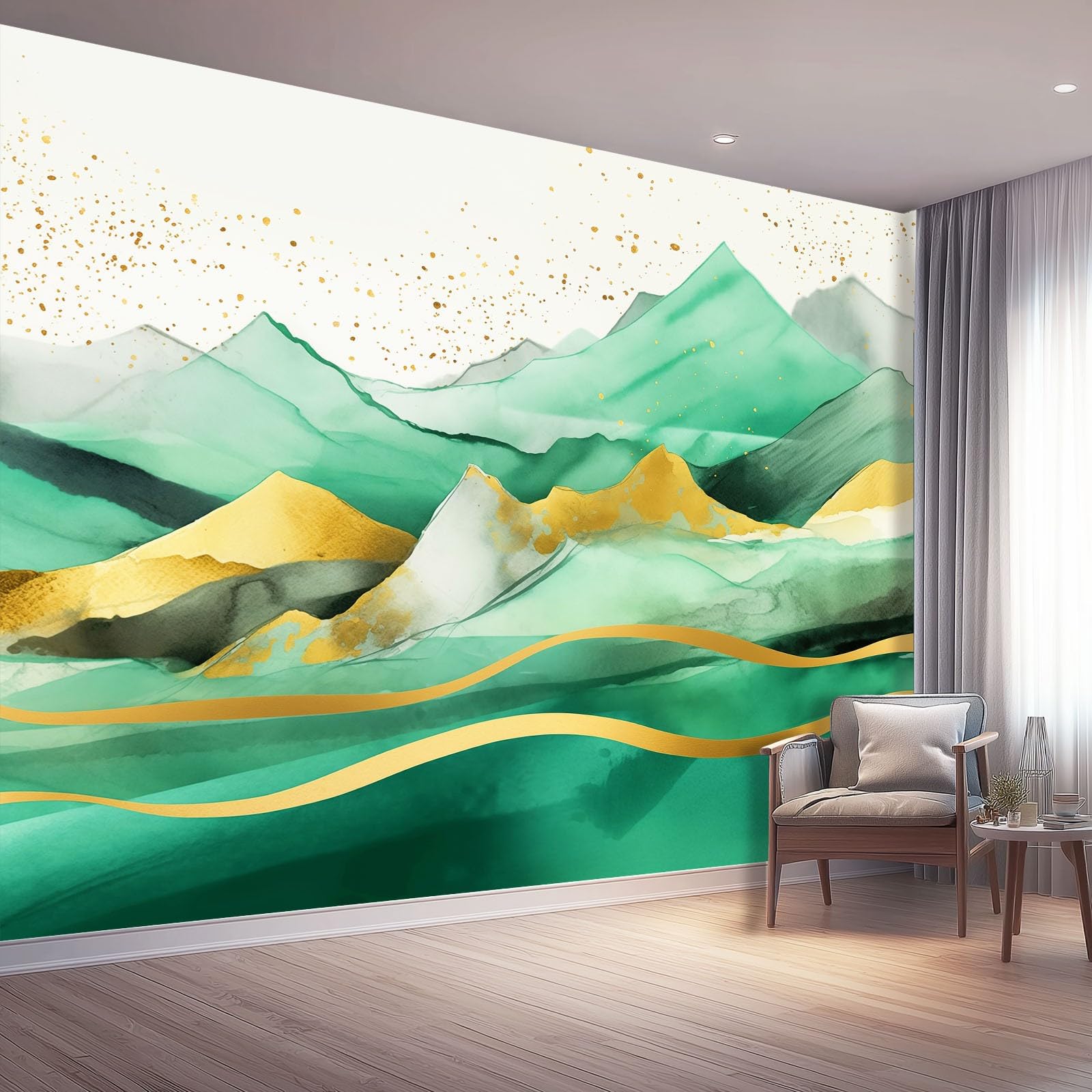 Tapeta 3D z włókniny abstrakcyjne wzgórza z liniami 400 x 280 cm tapeta dekoracja ścienna do salonu sypialnia zielony złoty