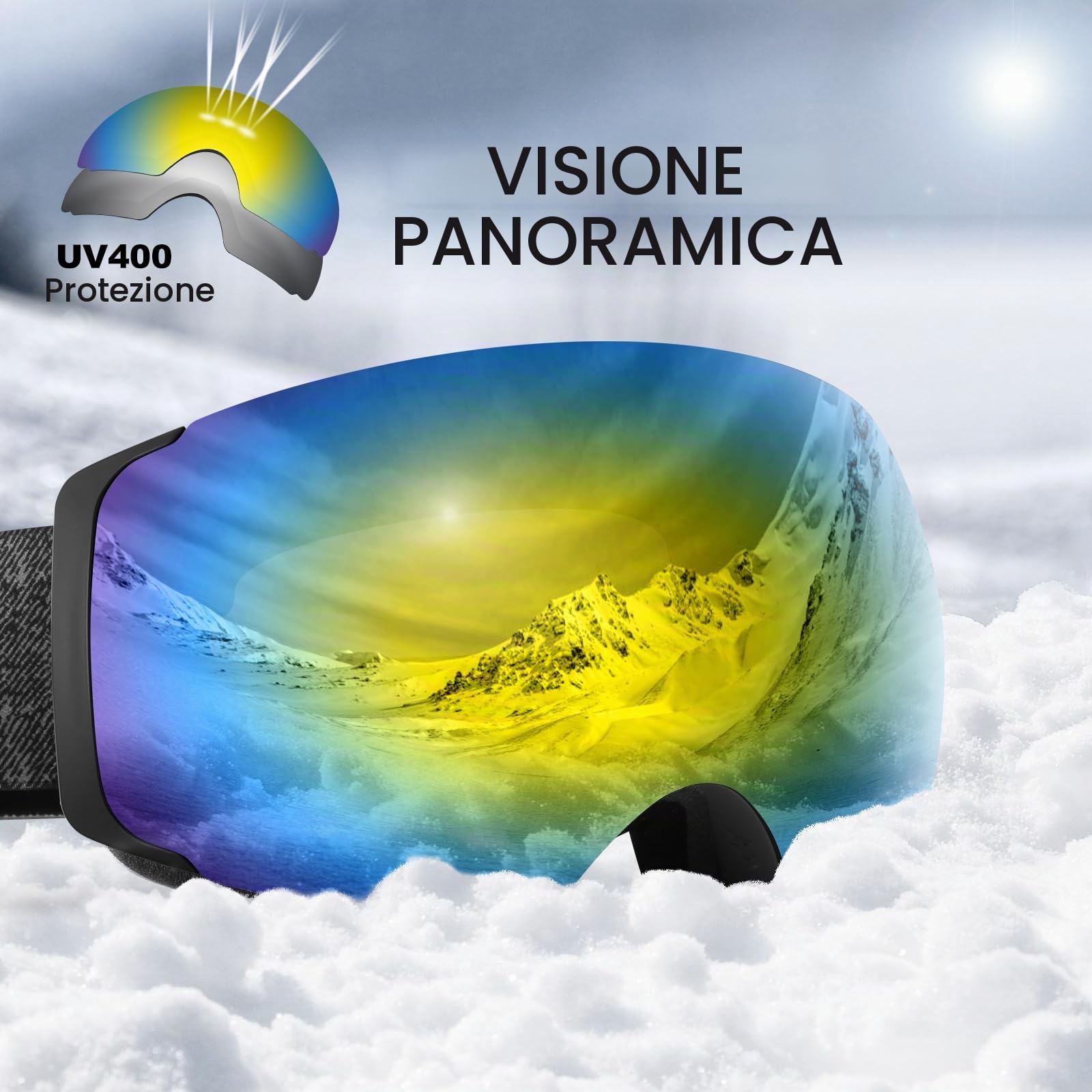 Odoland Maschera da Sci per Adulti e Giovani Grande Lente Sferica Senza Cornice con Lente Intercambiabili Magnetico, Occhiali da Sci con 2 Lente per Giorno e Notte, BE