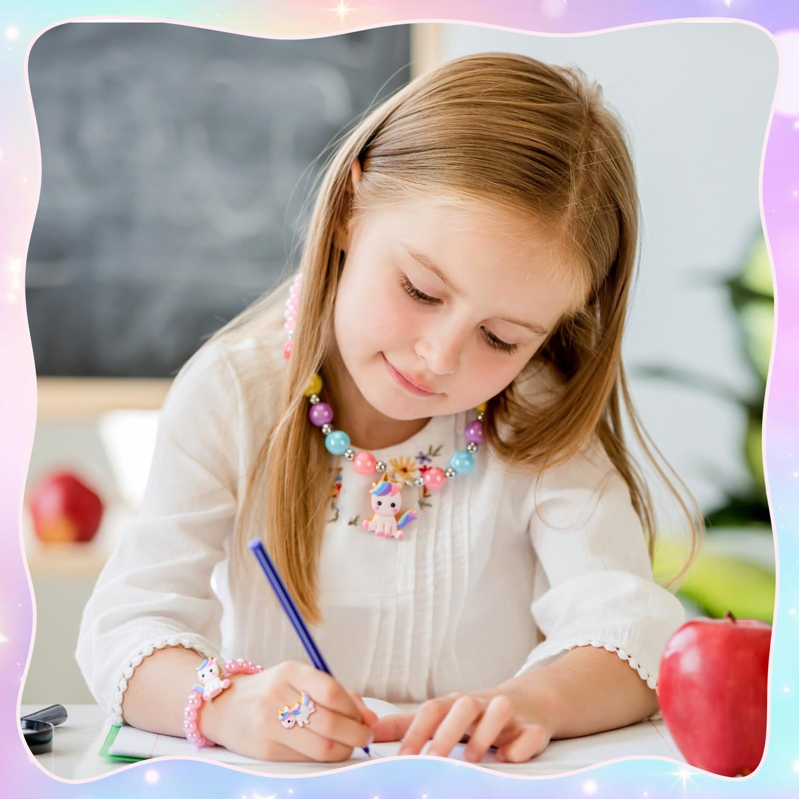 ViEinkaufen Confezione da 13 gioielli per bambini, regali a forma di unicorno, giocattoli per bambine di 4, 5 e 6 anni, con borsa a tracolla, portamonete, collana, braccialetto, adesivi, ideali per
