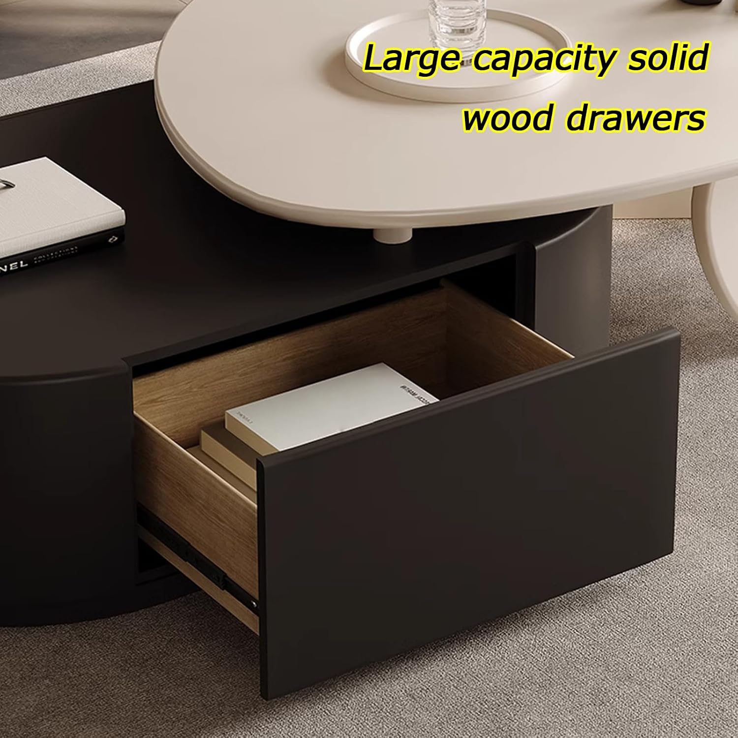 Black and White Nesting Coffee Table Set, Retractable Design, Board and Wood Combination Center Table, Nesting Tables for Small Spaces, Easy to Assemble