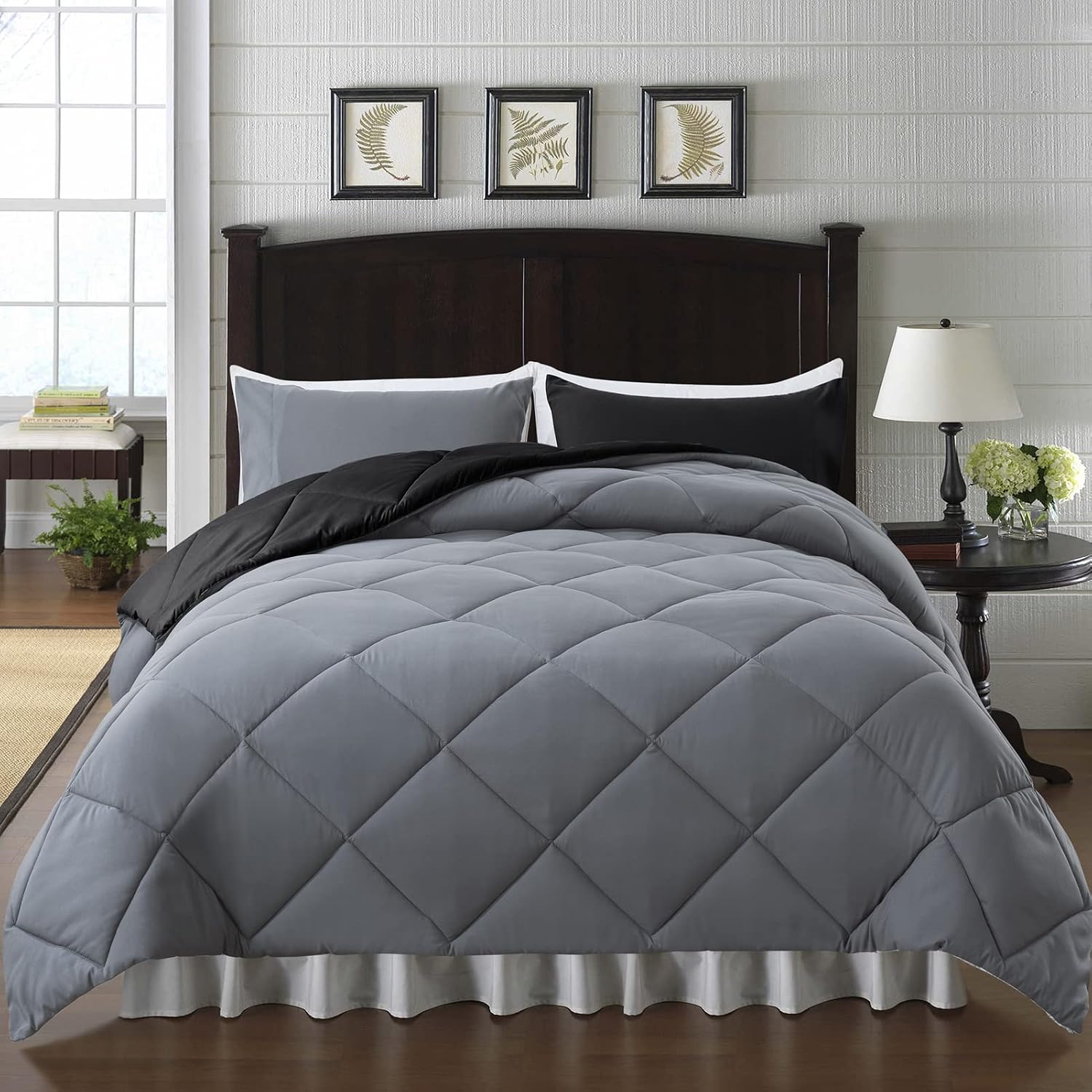 ELNIDO QUEEN 3 Pieces Comforter Set (Cal-King, Black & Grey) - 1 Reversible Down Alternative Comforter with 2 Pillow Shams - Soft Lightweight Duvet Insert | 104x96 inch