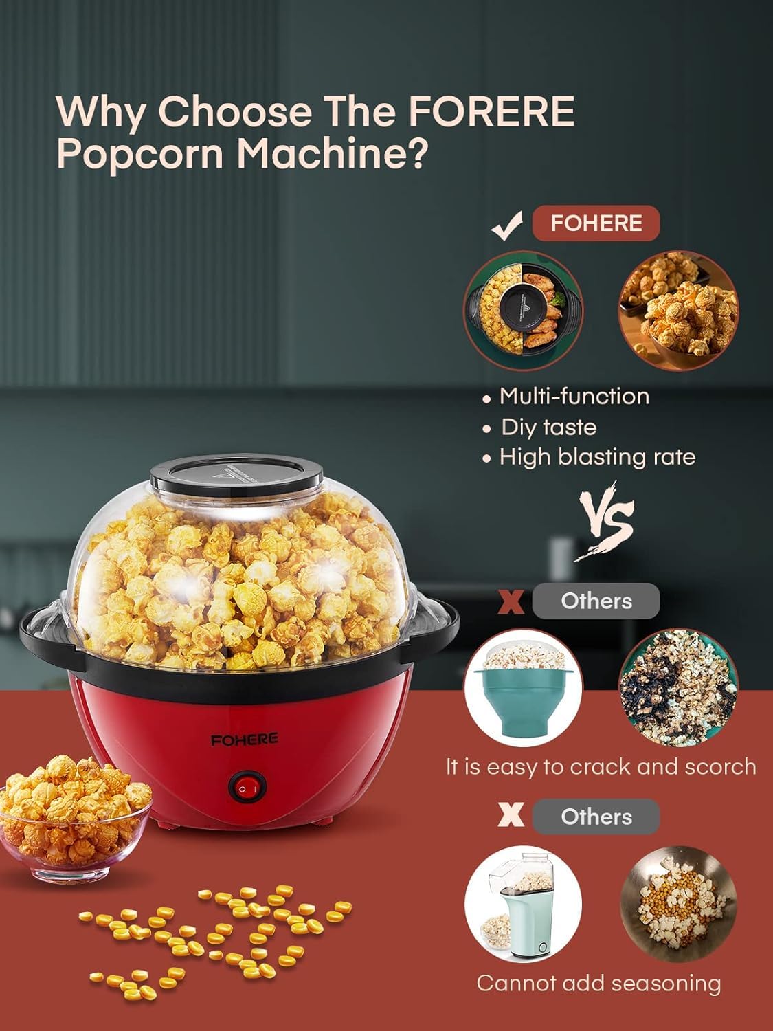 FOHERE Machine a Pop Corn, 5,5 L Machine à Pop Corn, Plateau Amovible, Revêtement Antiadhésif, Silencieux et Rapide, Couvercle Transparent Pouvant être Utilisé Comme Récipient (Rouge
