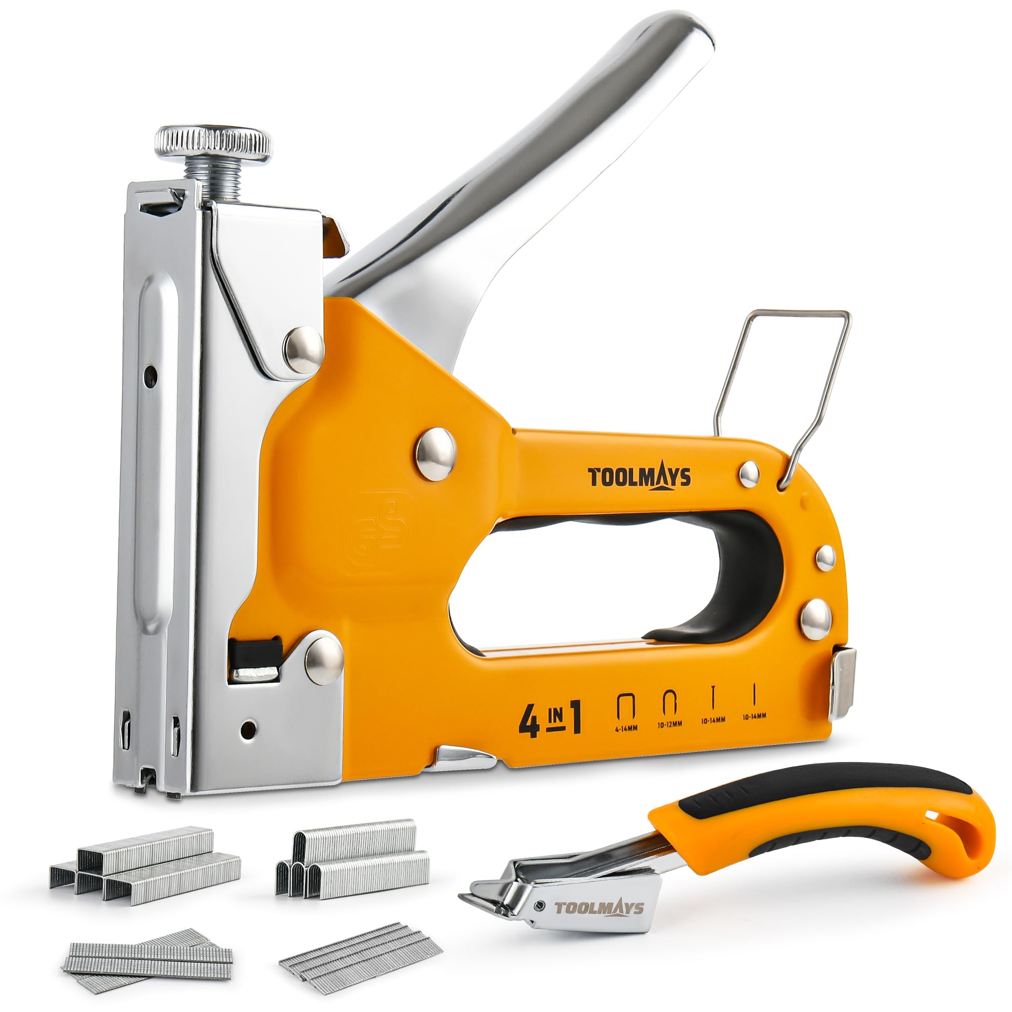 TOOLMAYS 4-in-1 Staple Gun, Heavy Duty Stapler with 800 Staples and Staple Remover, Adjustable Force Upholstery Staple Gun for Wood, Furniture, Crafts, DIY, Cable, Carpet