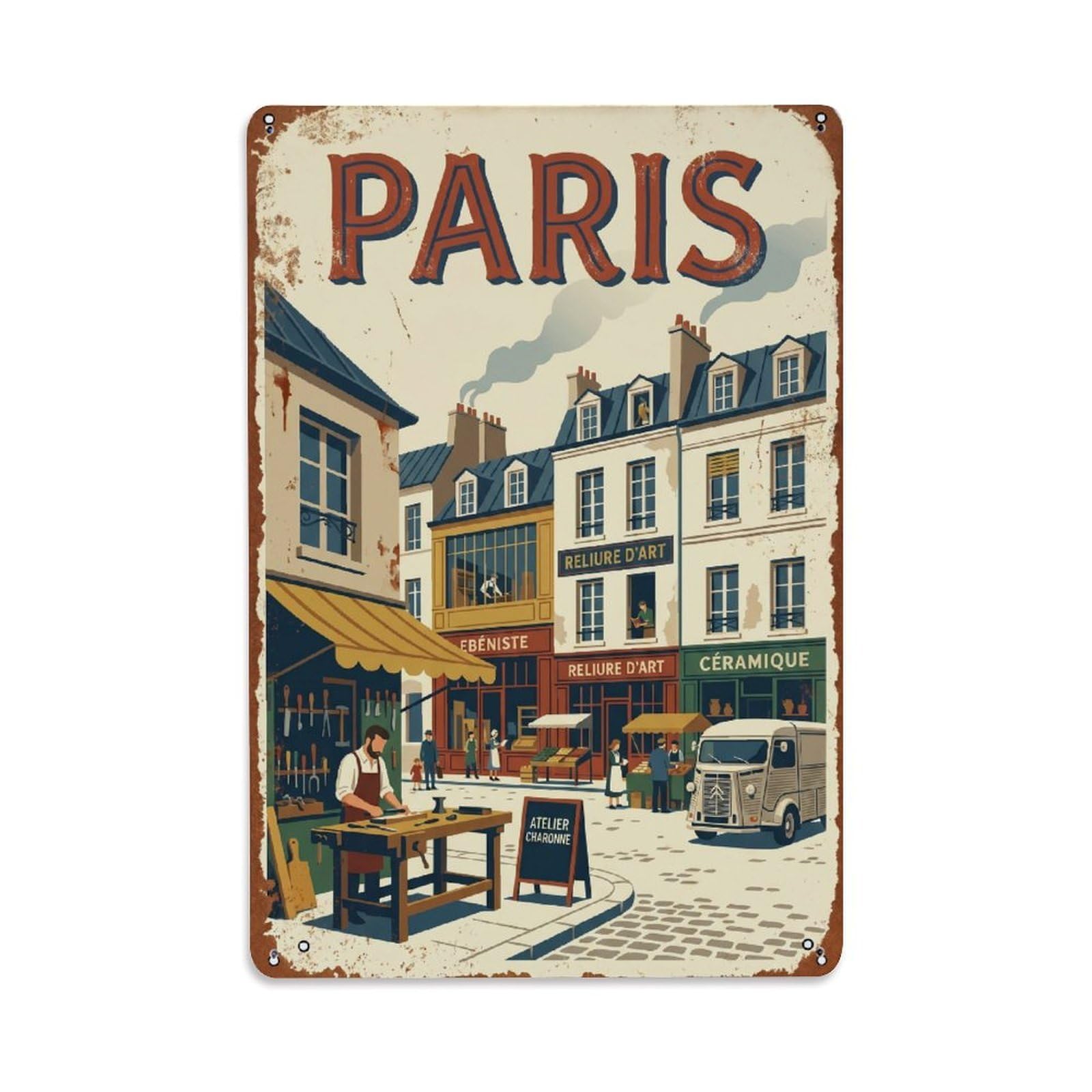 Vintage Travel Paris Rue De Charonne Artisan Street Rusted France Metal Tin Sign Plaque Wall Decor for Cafe, Club Bar, Office, Home Garden Metal Poster 8x12Inch