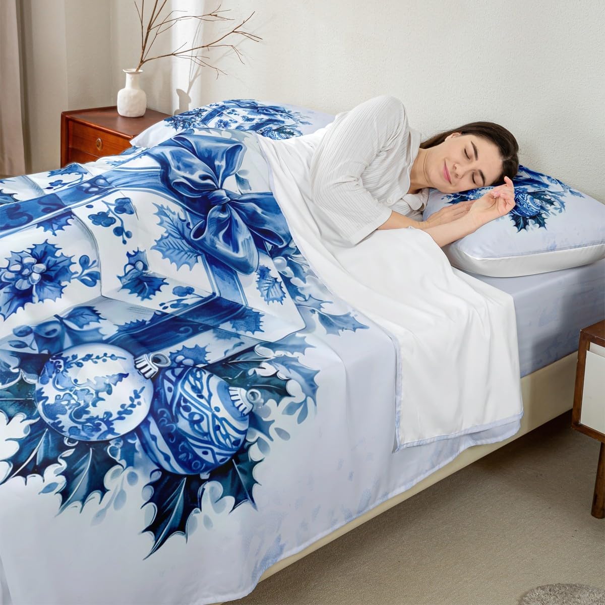 Homewish Juego de sábanas de Navidad con lazo doble, diseño botánico de hojas de porcelana azul y blanco, ropa de cama para adultos, mujeres y niños, ropa de cama cálida y suave, 4 piezas