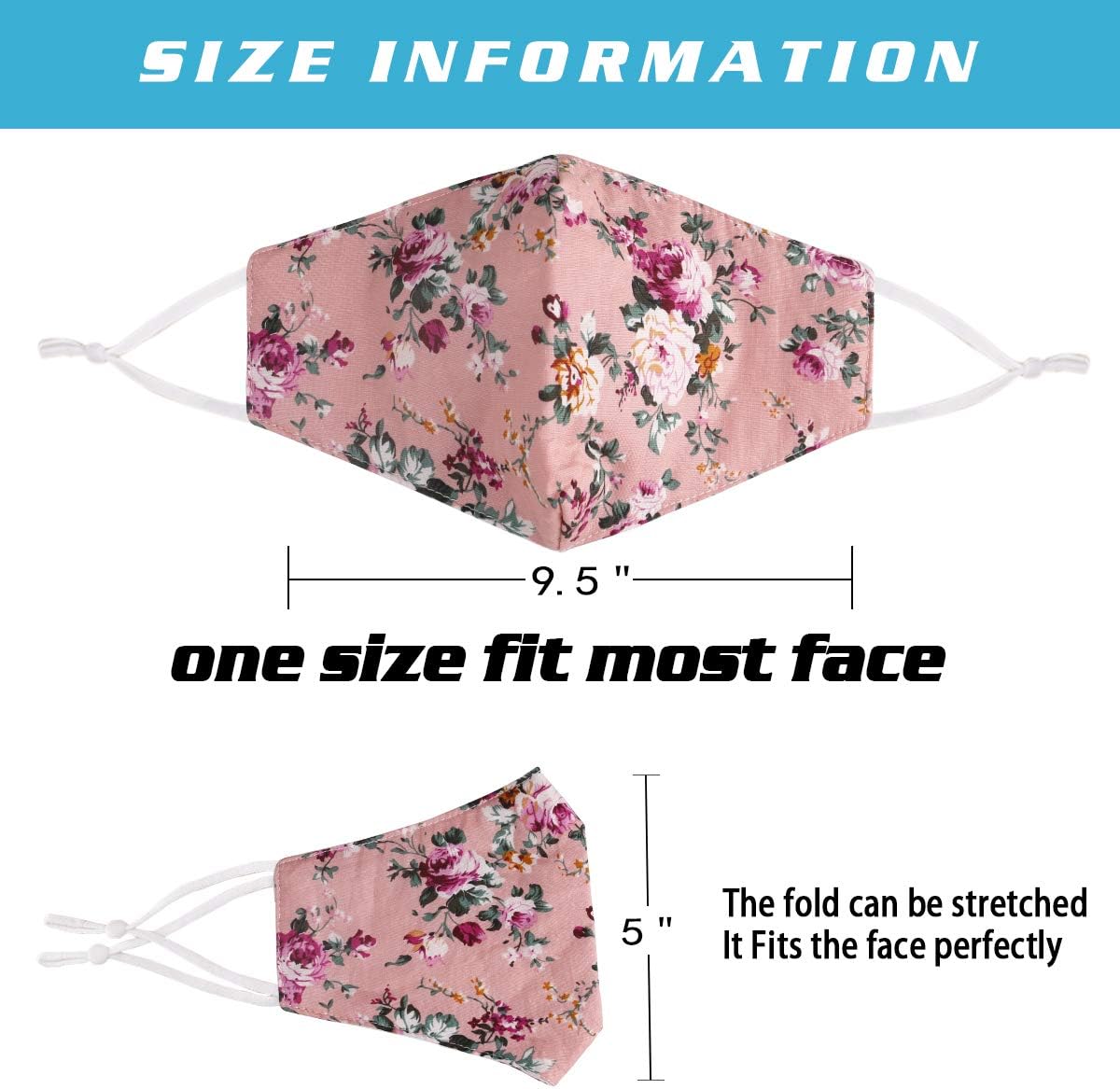 Face Mask Washable Reusable Adjustable Ear Loops, Flowers Breathable Fabric Covering Cute Fashionable Decorative Comfort for Women Man Adult Gift Fabric Facemask