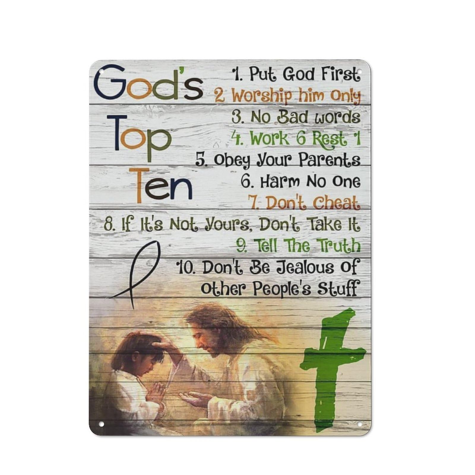 kisoyo Metal Tin Signs Vintage Aluminum God'S Top Ten Put God First Worship Him Only For Home Coffee Garden Bedroom Wall Decor 12x16 Inches