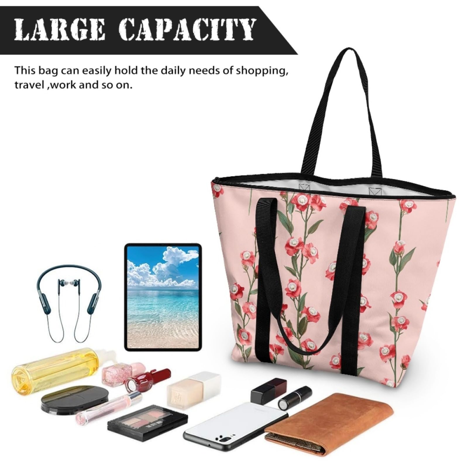 Tote Bag Tela Bolsas de Tela Poliéster Bolso de Mano de Mujer Reutilizable Bolsa Compra Plegable Tote Bag Cremallera Bolso Viaje Duradero Totebag