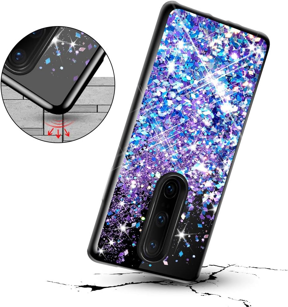 Caka Glitter Case for OnePlus 7 Pro 7T Pro Case Women Girls Girly Sparkle Bling Shining Floating Quicksand Protective Black TPU Phone Case for OnePlus 7 Pro 7T Pro (Blue Purple)