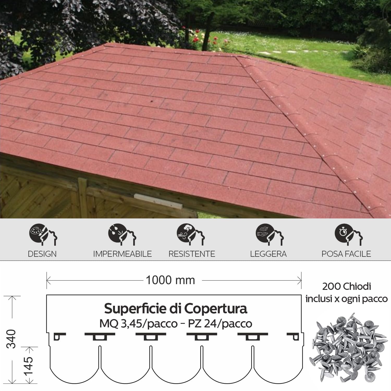 MASTERBRICO Tegole Canadesi per Tettoia Esterno 2,32 mq (16 Pz) – Tegola Canadese Bituminosa e Flessibile con Chiodi Inclusi – Facili da Installare, Resistenti a Intemperie e UV (A008)