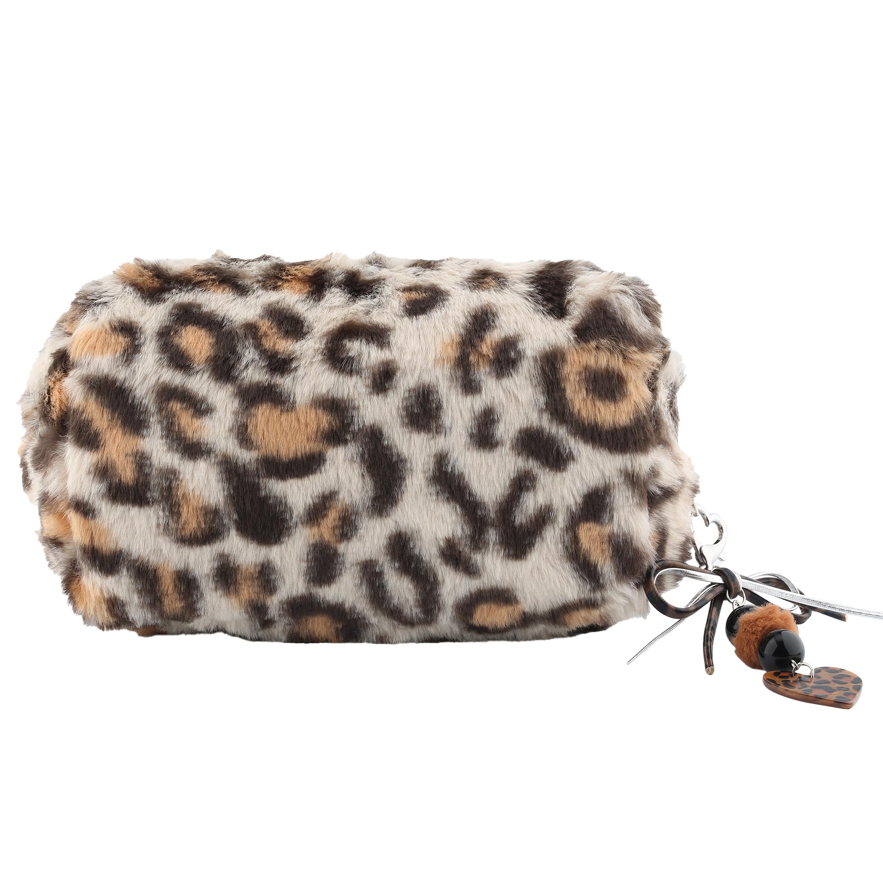 Wasise Leopard Print Pencil Case - Plush Leopard Print Bag with Heart Charm, Cute Animal Prints Bag for School, Preppy Pencil Case for Girls, Travel Organiserfor Travel Toiletry Bag or Cosmetic Cases
