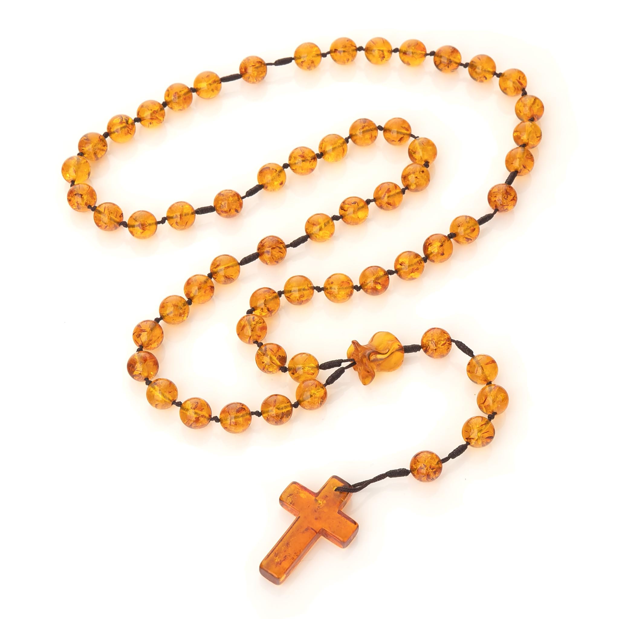 Collar hecho a mano – Rosario de ámbar báltico – Conector en forma de rosa – Regalo ideal para católicos o cristianos.