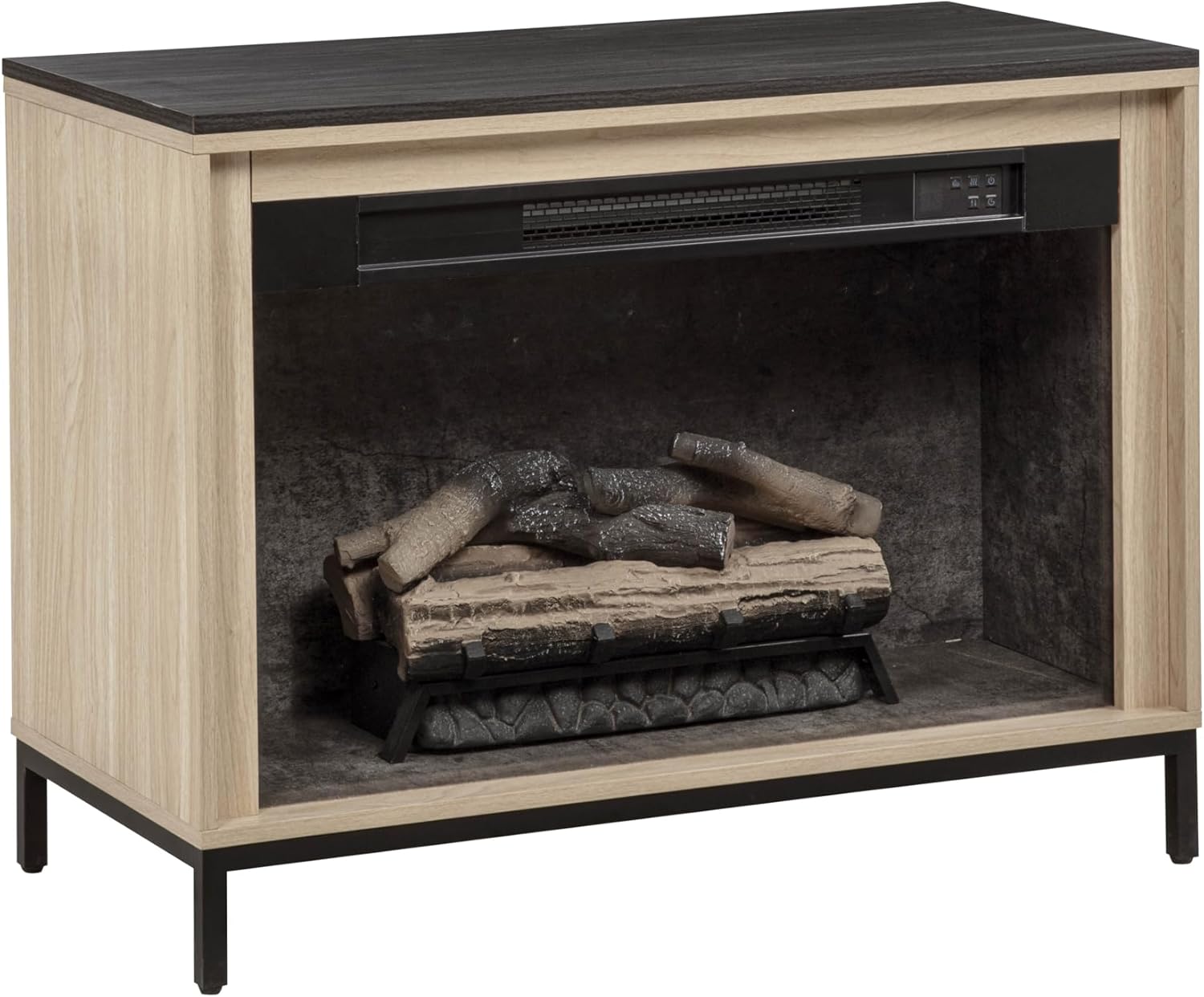Linon Verner Blonde Wooden Herringbone Electric Fireplace with Dark Top