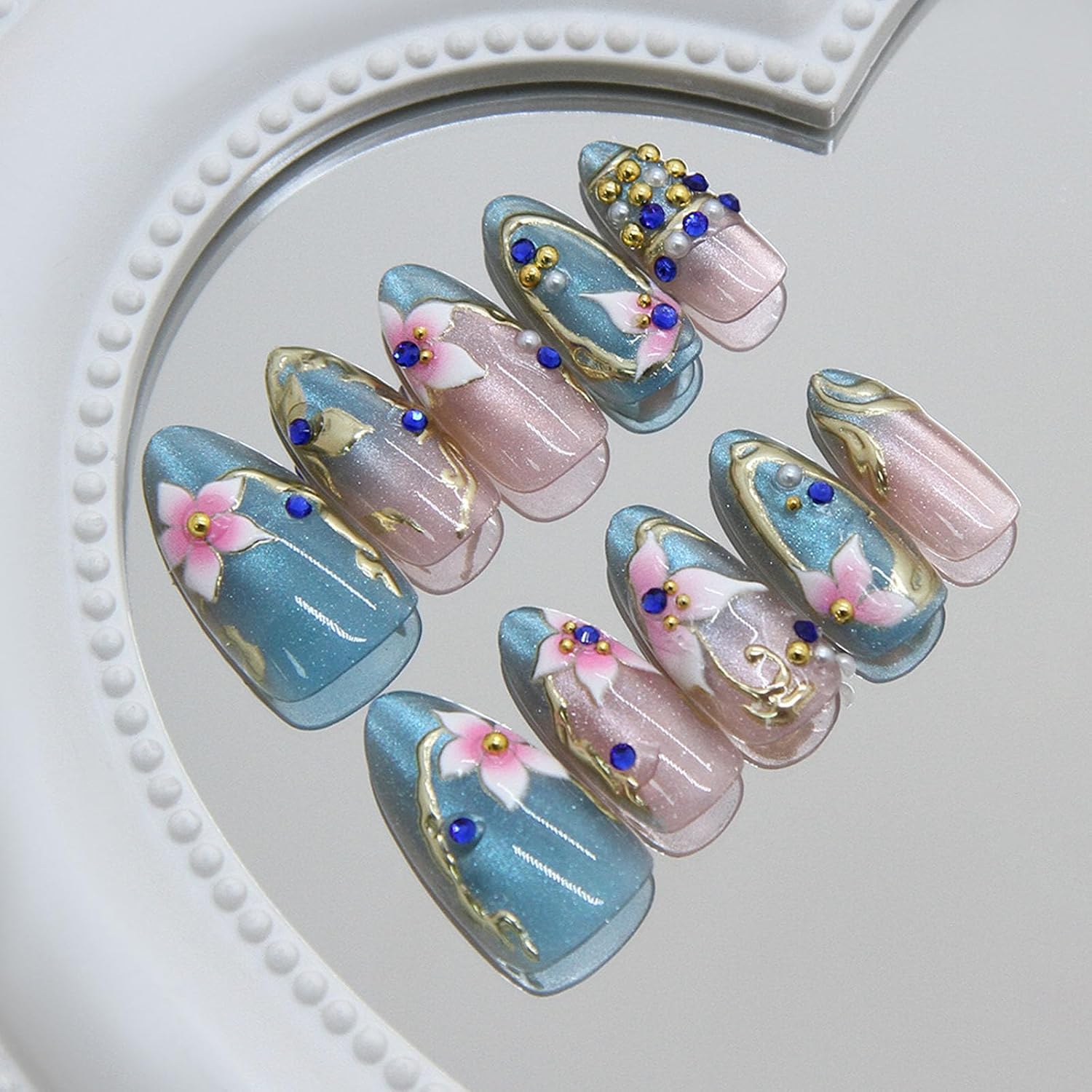 Almond Press on Nails Medium Fake Nails with Pink Flower Gold Lines Pearl Designs Glossy Nails Press ons Blue Glue on Nails Cute Acrylic Artificial Stick on Nails for Women 30Pcs