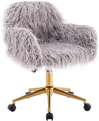 Silla de escritorio de piel sintética, silla de escritorio gris ajustable en altura, silla de tocador para sala de maquillaje, silla giratoria de