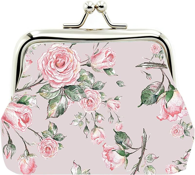 Cute Floral PU Leather Small Coin Purse Vintage Kiss-Lock Change Wallet Card Cases for Women Girl (Rose Pink)