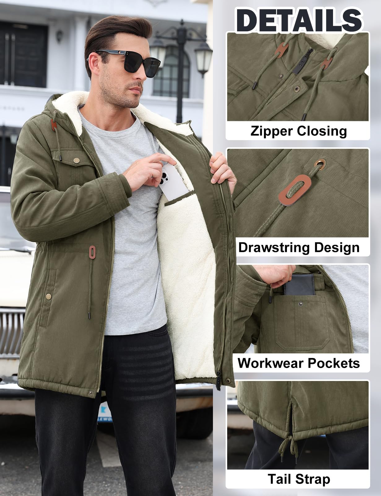 Vijamiy Parka Uomo Invernale Giubbotto Foderato in Pile Antivento e Caldo Cappotti Lungo Giacca con Cappuccio Giacconi Multitasche alla Moda