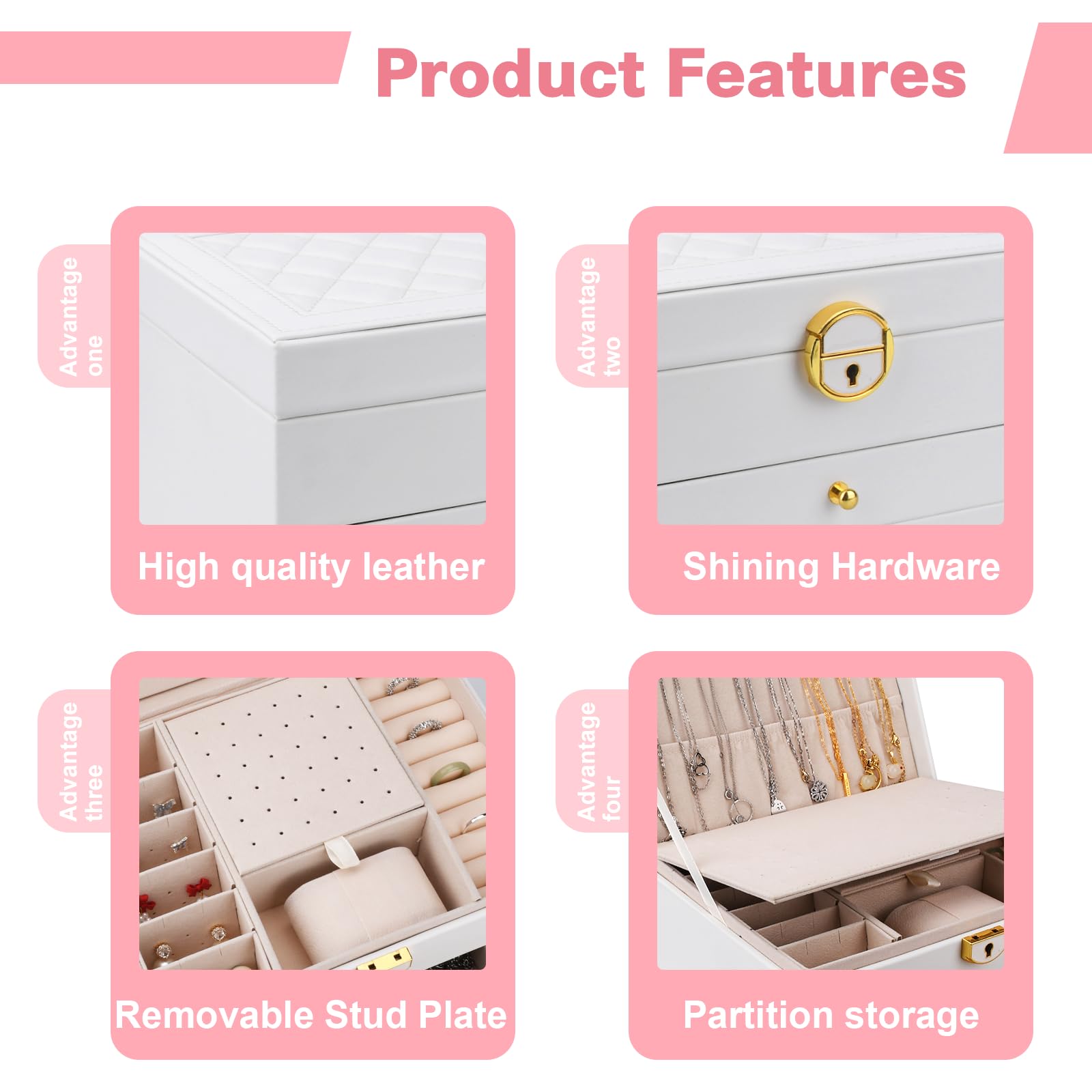 Kendal Portagioie 5 Strati A Forma Di Cuore Con Coperchio In Vetro - Pelle PU Rosa Con Dettagli Oro - Organizer Per Collane, Anelli, Orecchini - Regalo Per Ragazze - 2