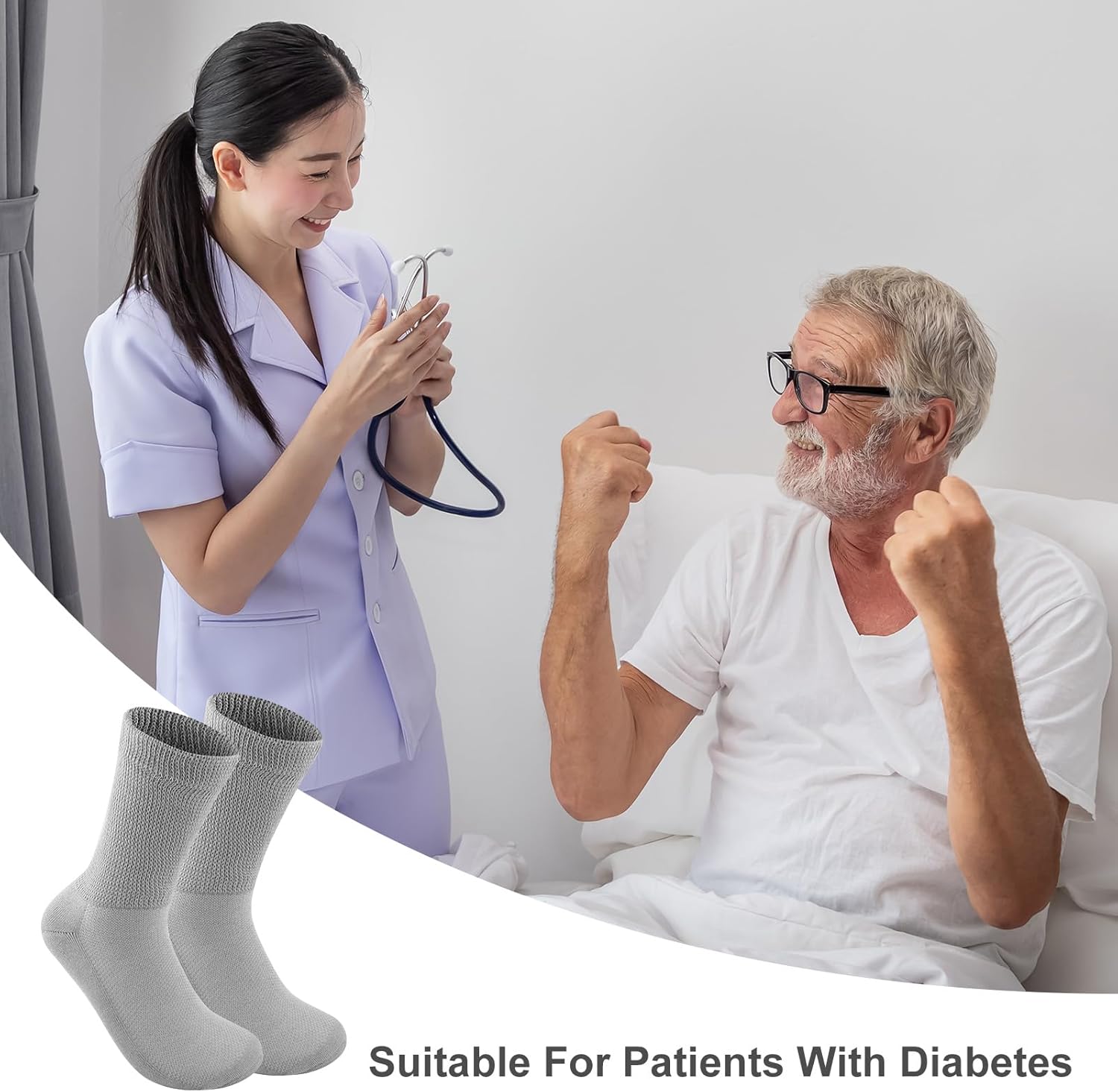 3 Pairs Men's Diabetic Socks,Neuropathy Socks,Non Binding Loose Socks Men,Wide Calf Large Sock,Crew Hospital Socks (L) - Image 5