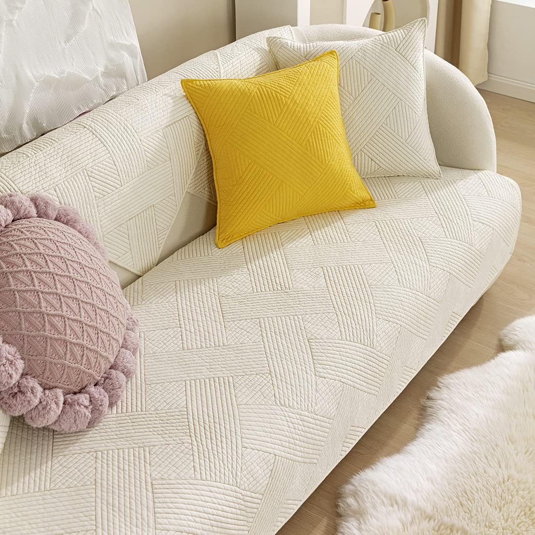 vctops Weave Stripe Sofa Cover Solid Color Cotton Quilted Sectional Couch Covers Geometric Pattern Non Slip Sofa Slipcover Super Soft Furniture Protector for Dogs, Children, Pets (Cream,28"x70")