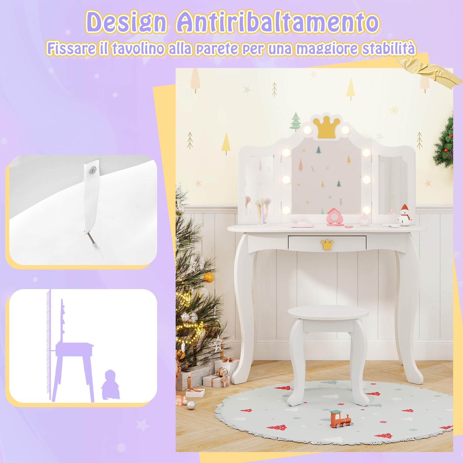 COSTWAY Set Toeletta Trucco per Bambina con Sgabello, Tavolo Trucco Triplo Specchio Staccabile con Luci LED a 3 Colori, Postazione Trucco con Cassetto e Accessori, per Bambine 3-7 Anni (Bianco)