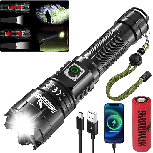 Shadowhawk XHP70.2 Led-zaklamp, extreem helder, 500000 lumen, USB-oplaadbaar, tactische zaklamp, IP67 waterdicht, 5 lichtmodi, zoombaar, voor kamperen, wandelen, noodgevallen