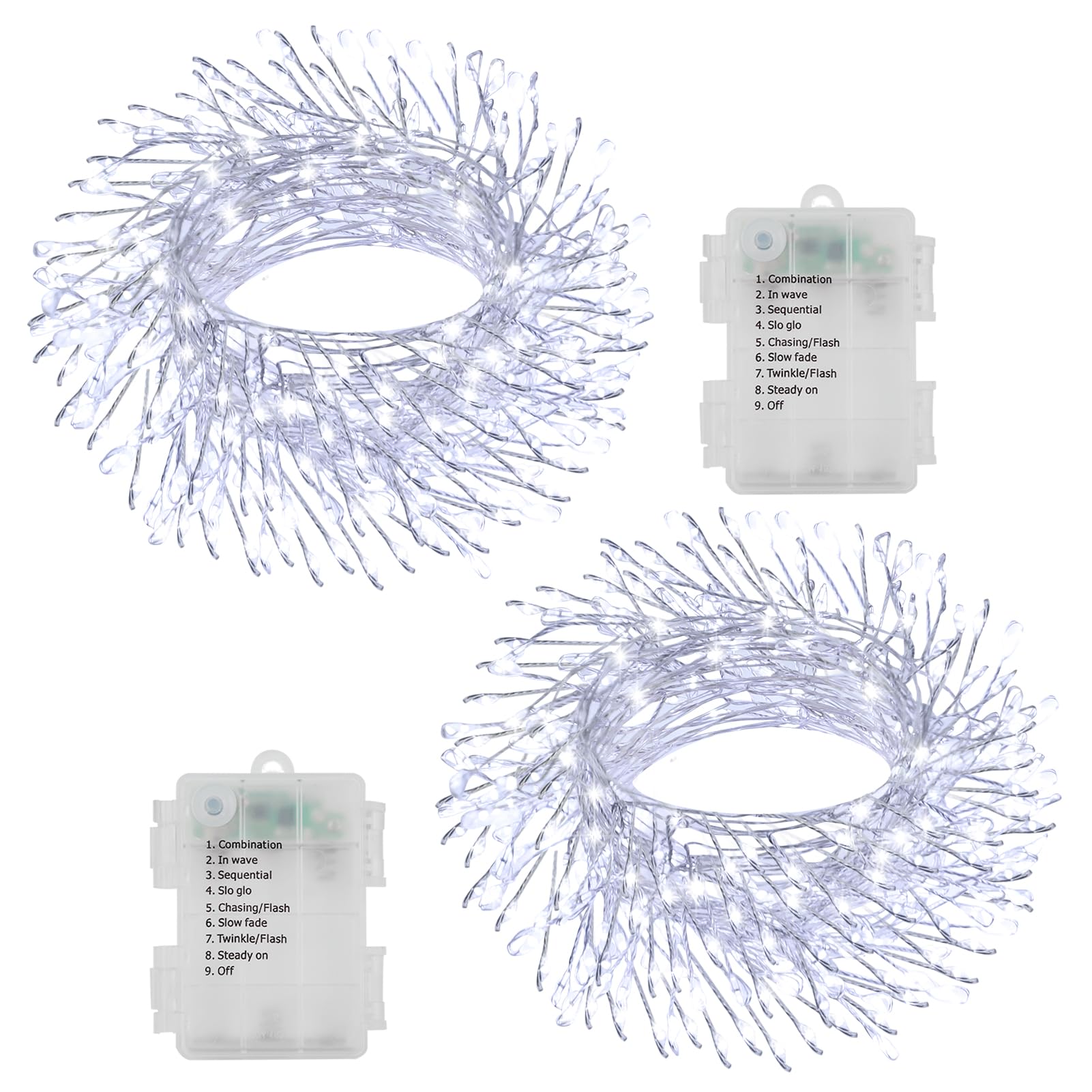 2 Pack Cluster Fairy Lights Battery Operated with Timer, Each 10Ft 200LED