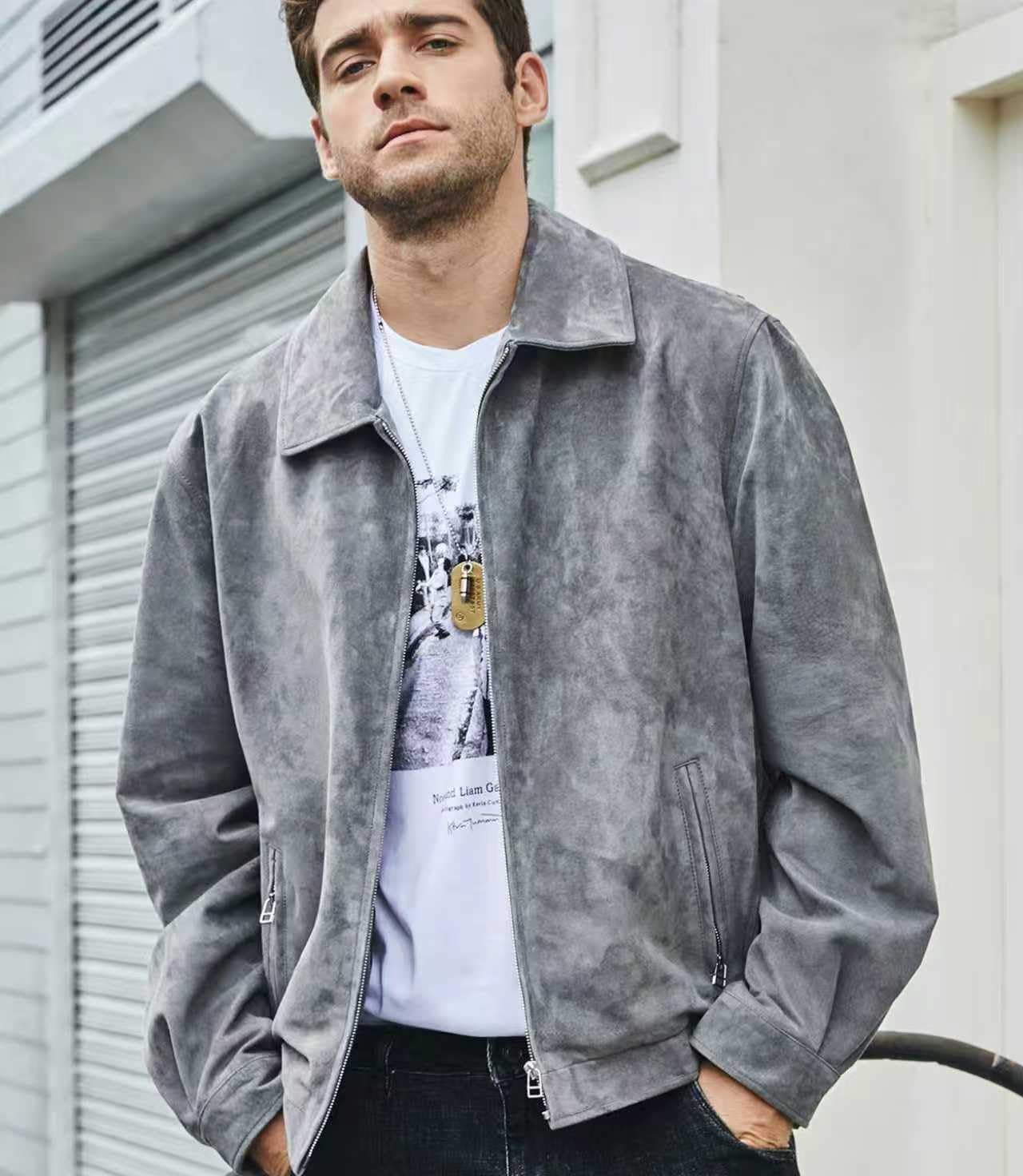 FLAVOR Men's Suede Leather Bomber Jacket Casual Coat for Men - Image 4