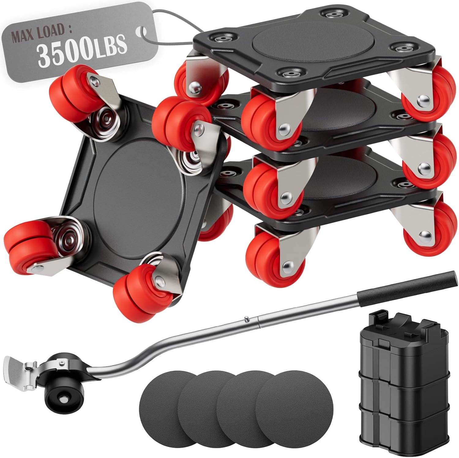 Heavy Duty Furniture Movers with 8 Wheels, Dual-Wheel Caster Square Dollies with Furniture Lifter and Base, 360° Swivel Casters, Non-Slip Pads, Up to 3500 lbs Load Capacity